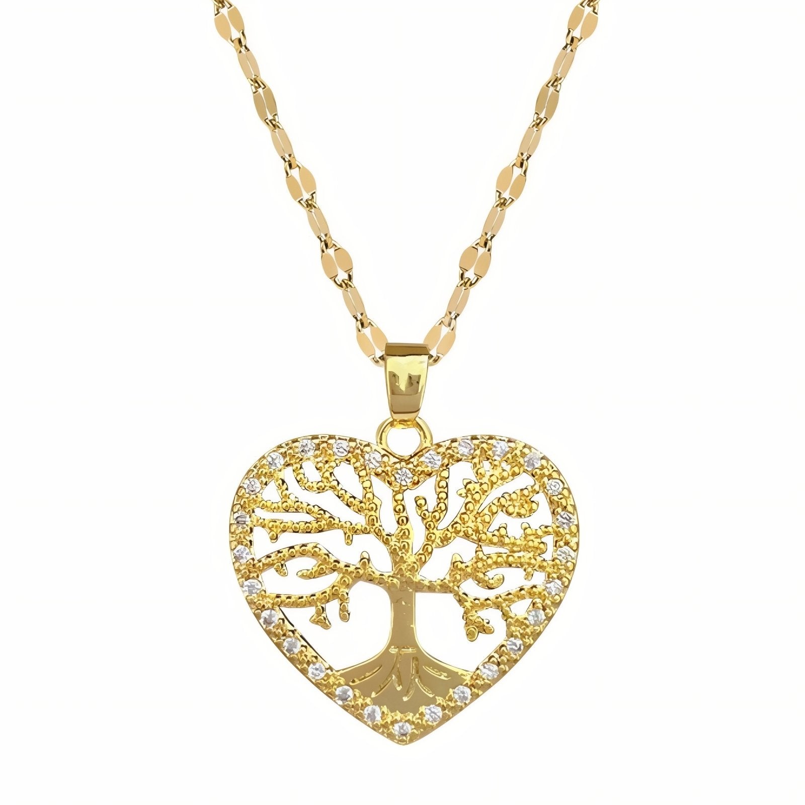Collier pendentif cœur arbre de vie en cuivre, avec zircon et chaîne en acier inoxydable