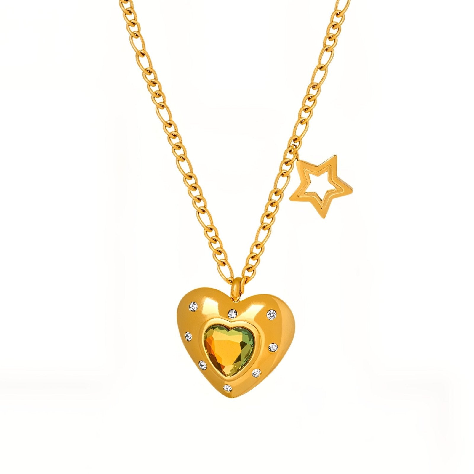 Collier pendentif cœur doré, verre teinté et étoile brillante, modèle Roumi