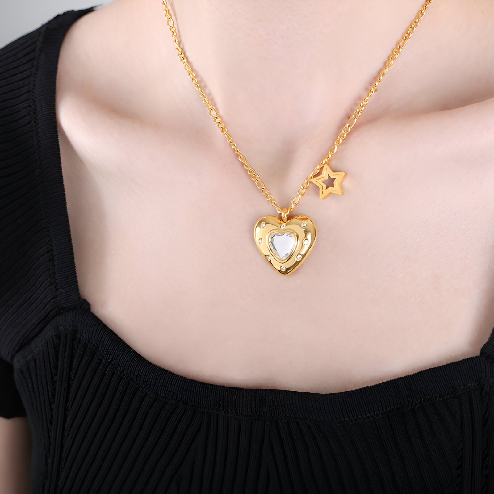 Collier pendentif cœur doré, verre teinté et étoile brillante, modèle Roumi