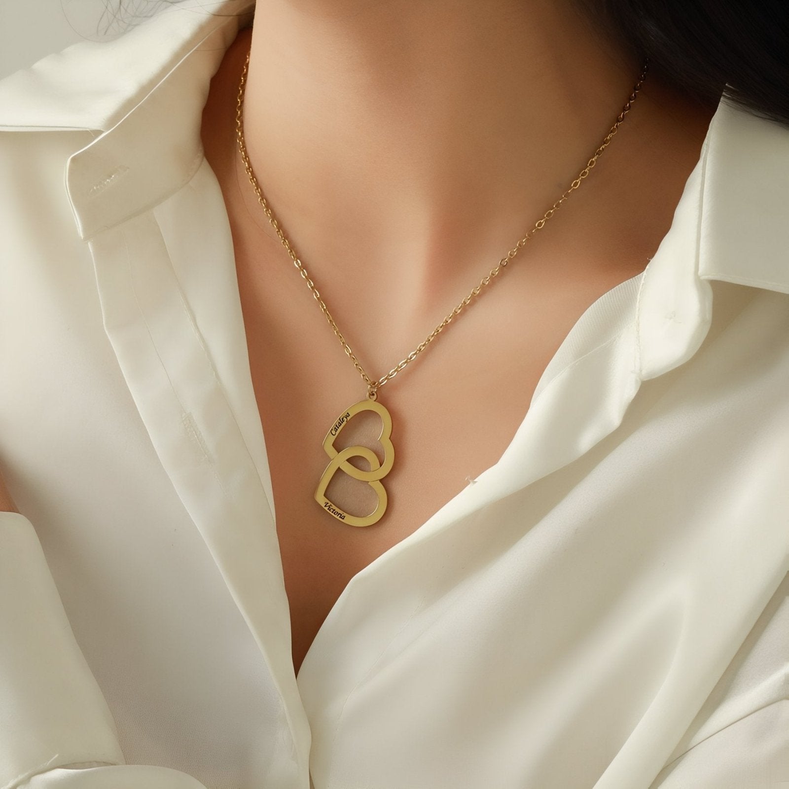 Collier pendentif cœur double, à personnaliser, en acier inoxydable, modèle Cérès
