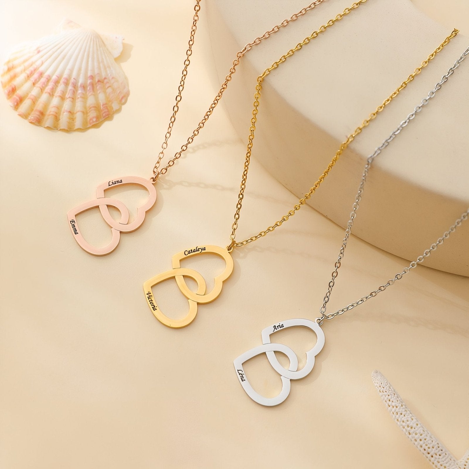 Collier pendentif cœur double, à personnaliser, en acier inoxydable, modèle Cérès