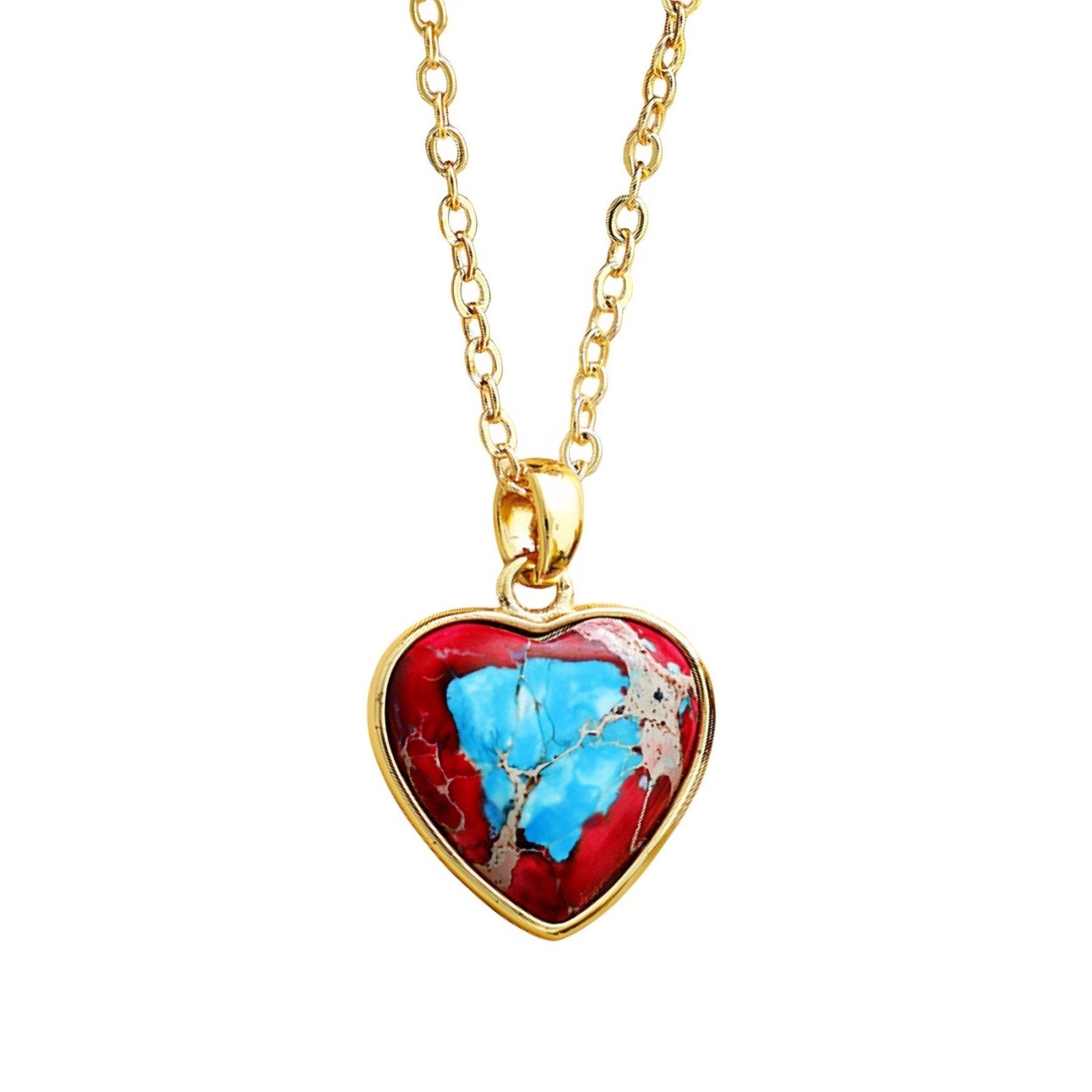Collier pendentif cœur marbré, en pierres naturelles jaspe rouge et turquoise, style bohème romantique