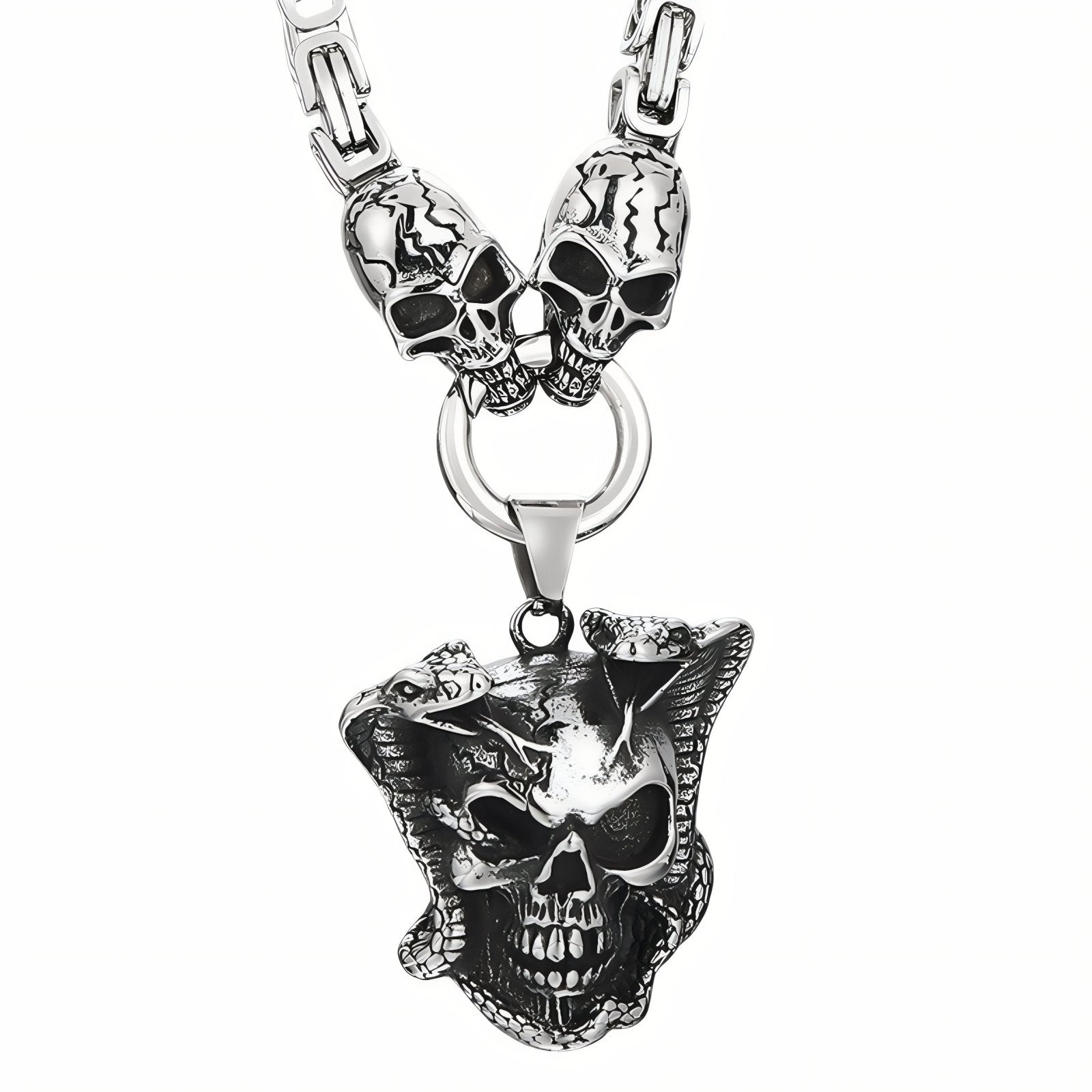 Collier pendentif crâne serpent pour homme, avec maille byzantine, en acier inoxydable, style biker