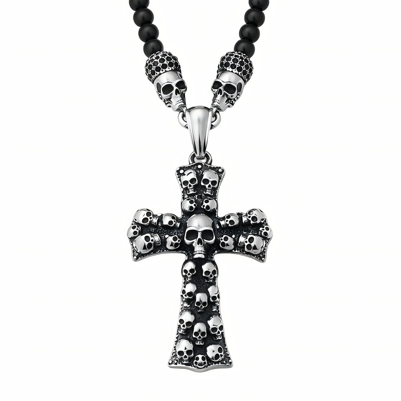 Collier pendentif croix avec motif tête de mort multiples pour homme, avec perles de verre, en acier inoxydable