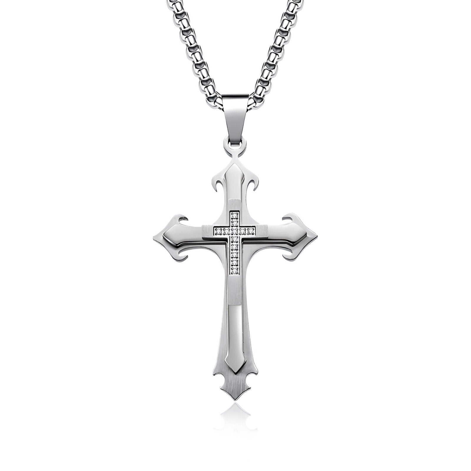 Collier pendentif croix baroque pour homme, acier inoxydable et zircon, design sculpté, Orion