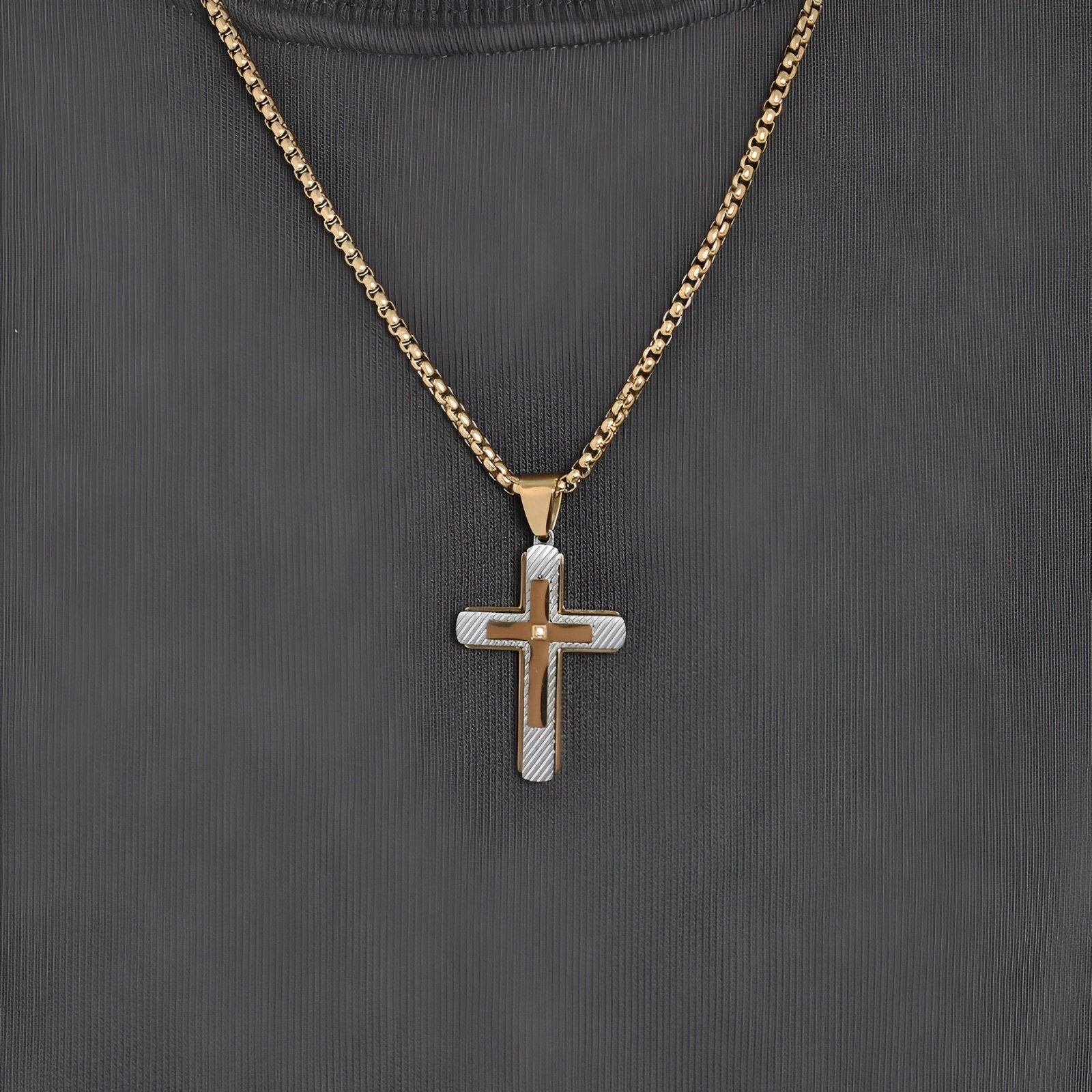 Collier pendentif croix brossée, zircon central, pour homme, style moderne en acier, modèle Tali