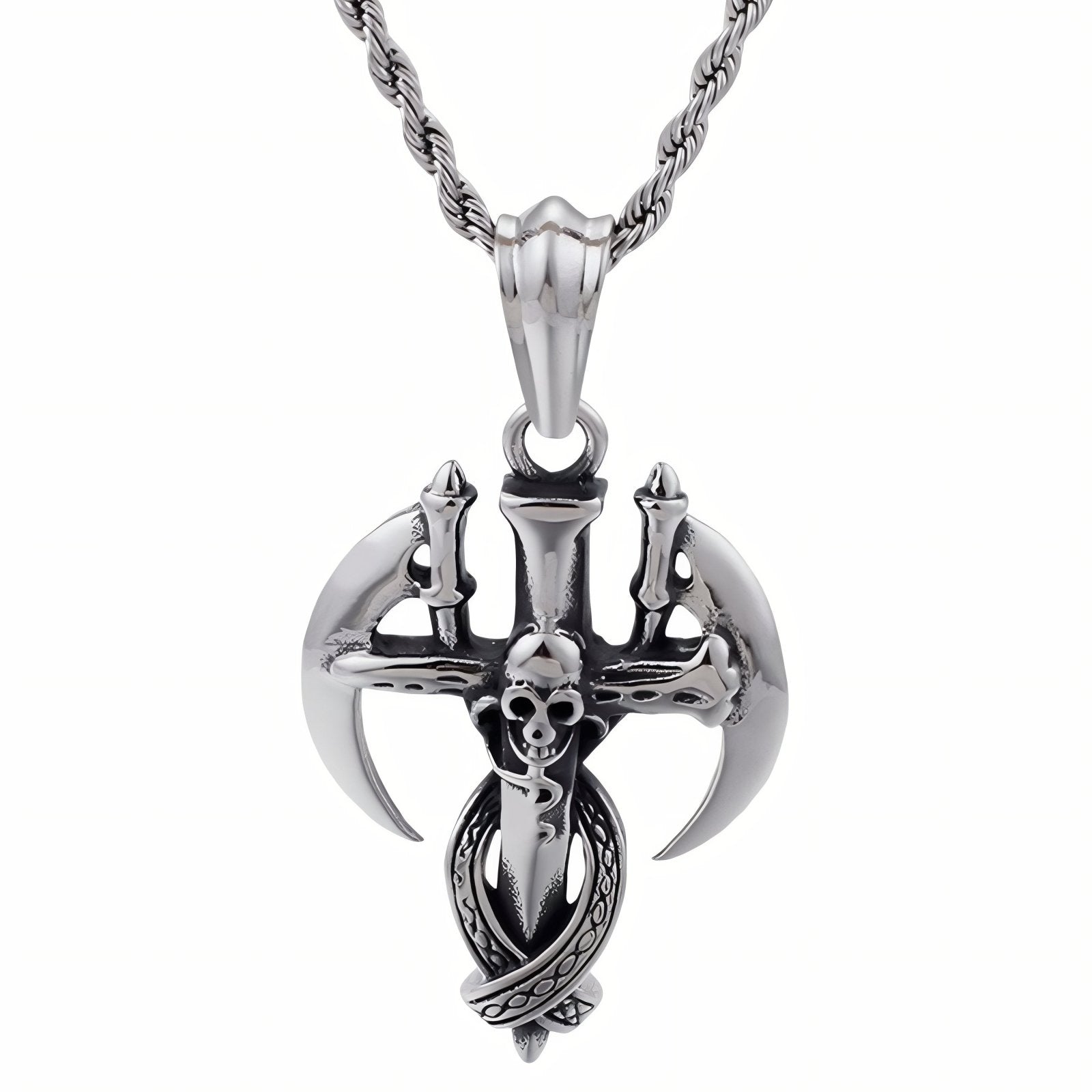 Collier pendentif croix et tête de mort pour homme, en acier inoxydable, style gothique