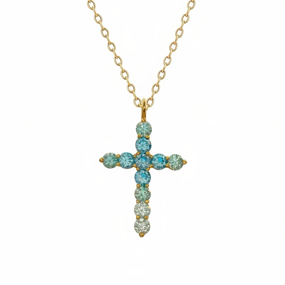 Collier pendentif croix pour femme, en argent 925 doré, serti de zircons aux nuances bleus