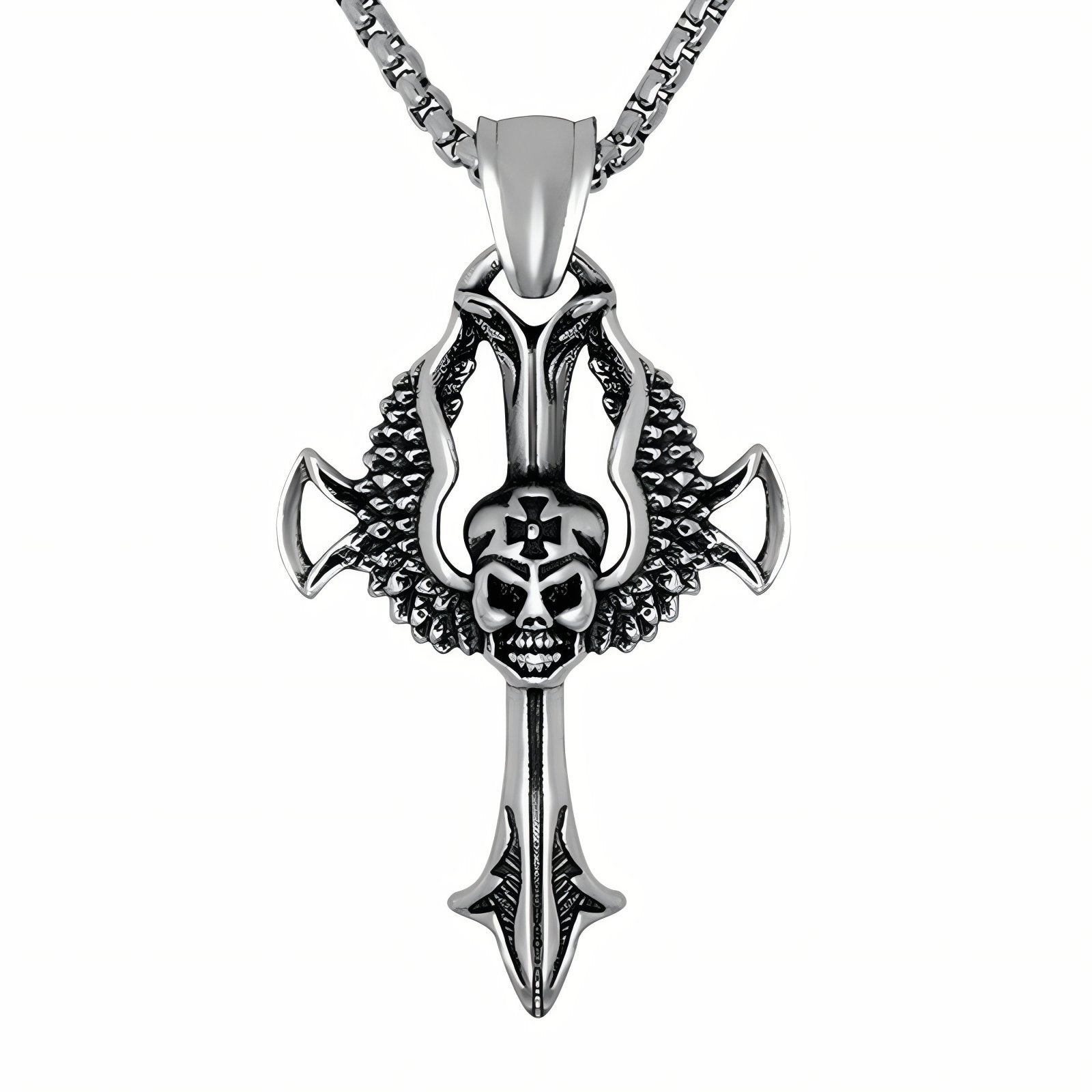 Collier pendentif croix pour homme, avec tête de mort, en acier inoxydable