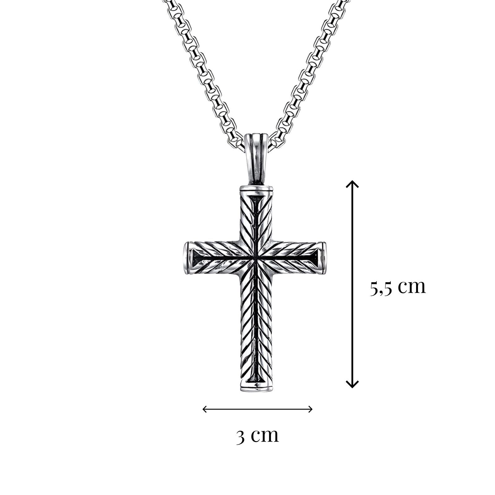 Collier pendentif croix sculptée, acier vieilli, modèle Levi