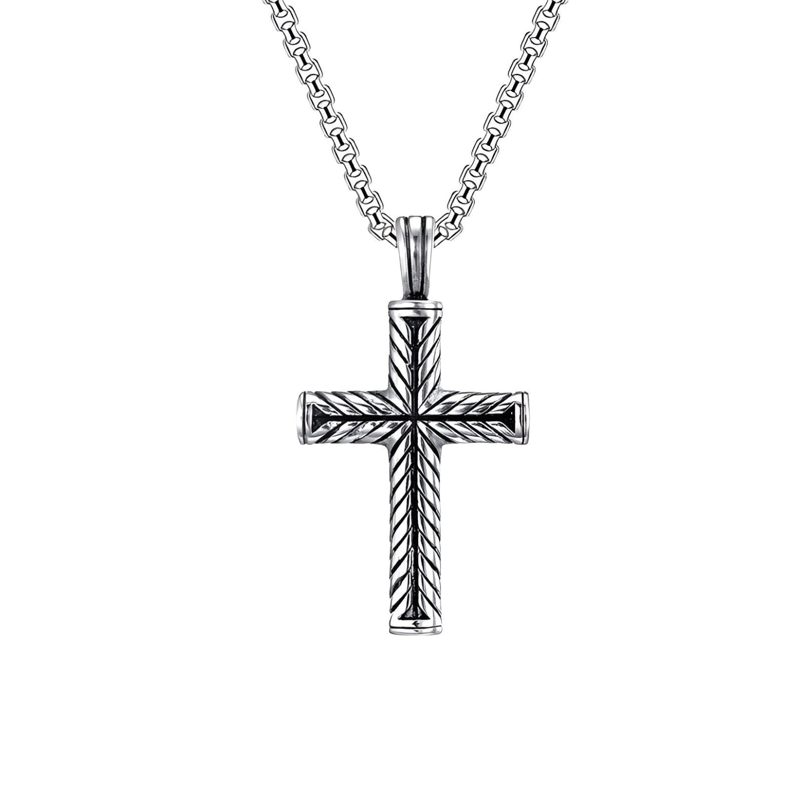 Collier pendentif croix sculptée, acier vieilli, modèle Levi