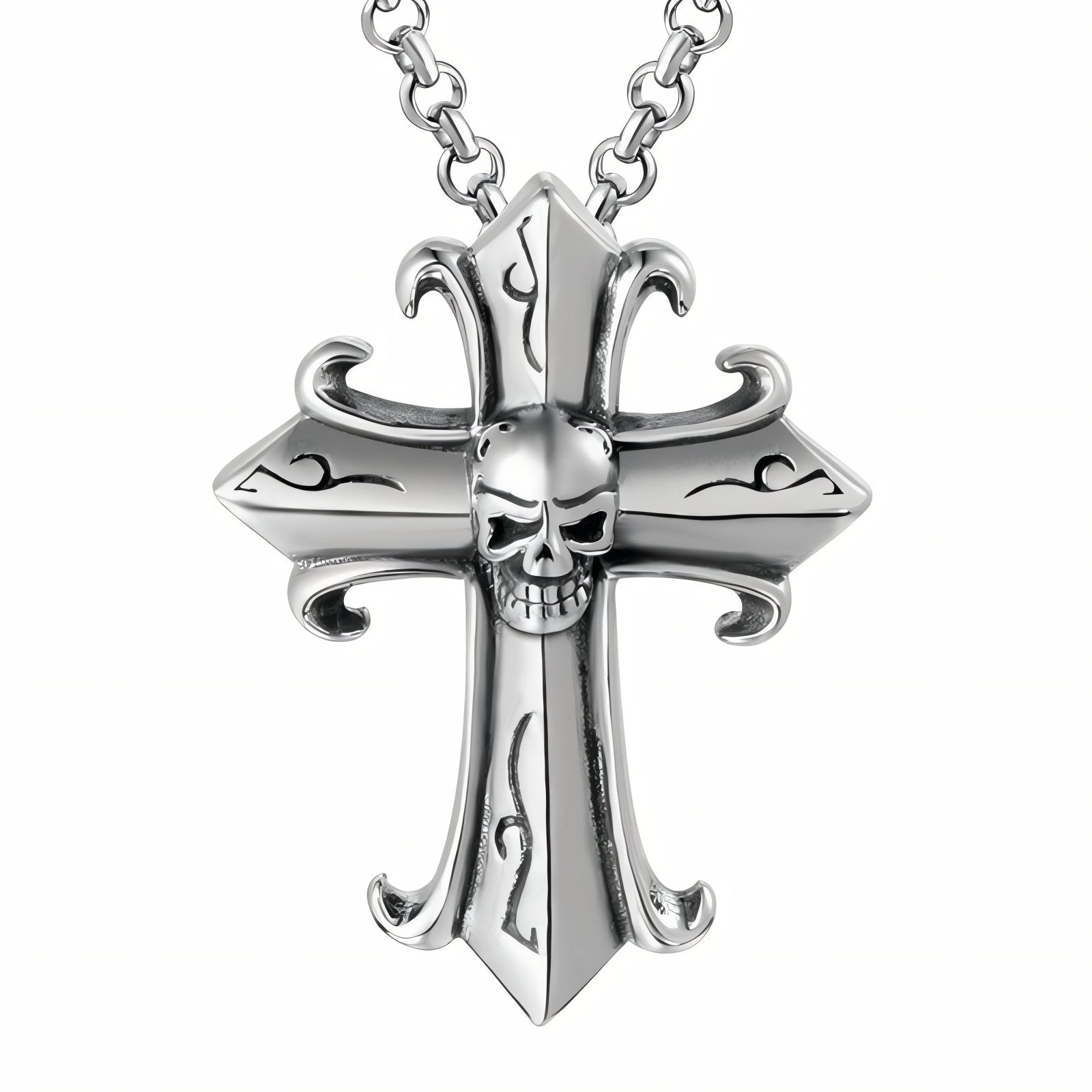 Collier pendentif croix tête de mort, avec maille forçat, en acier inoxydable, style rock