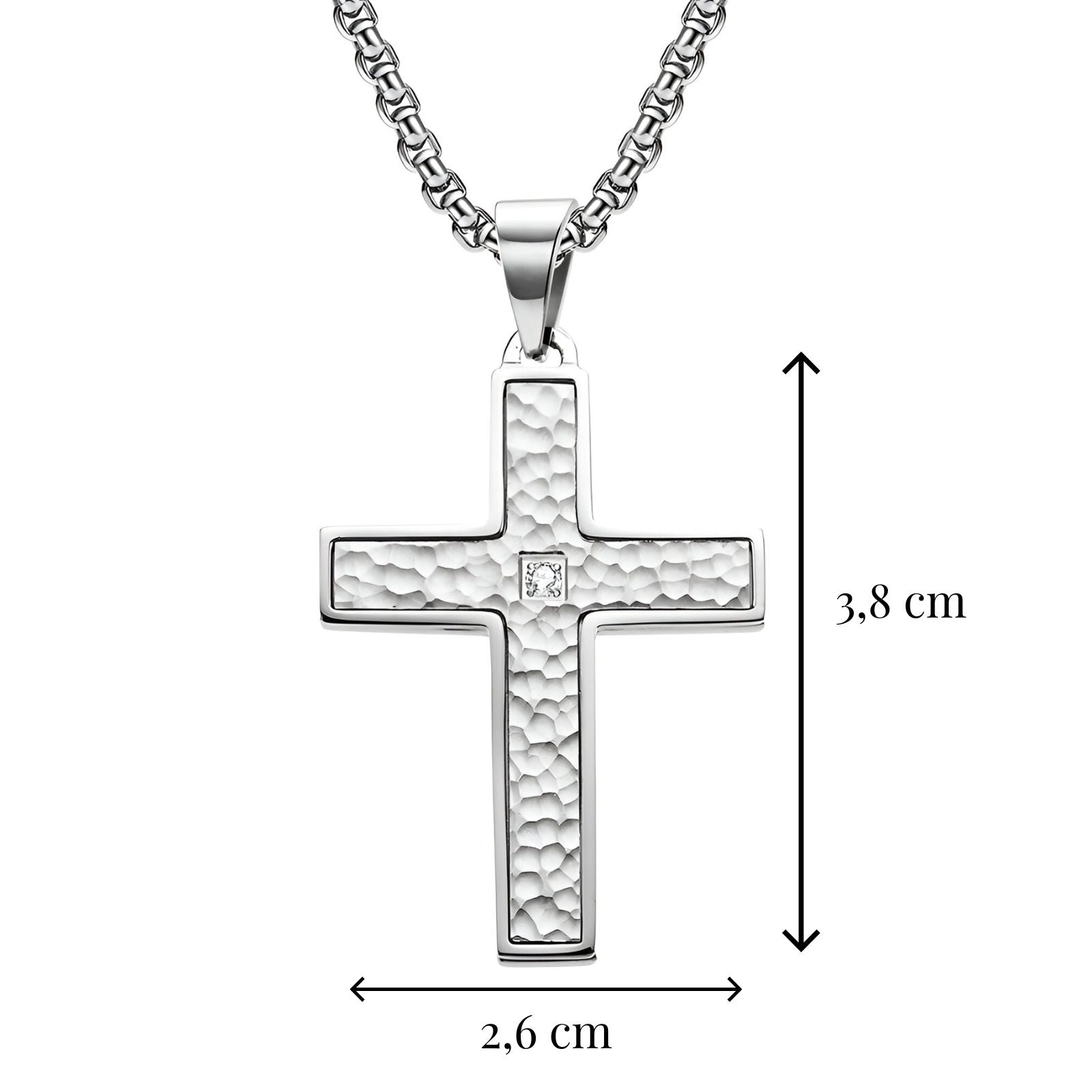 Collier pendentif croix texturée pour homme, acier inoxydable 316L, finition martelée et zircon, modèle Jules