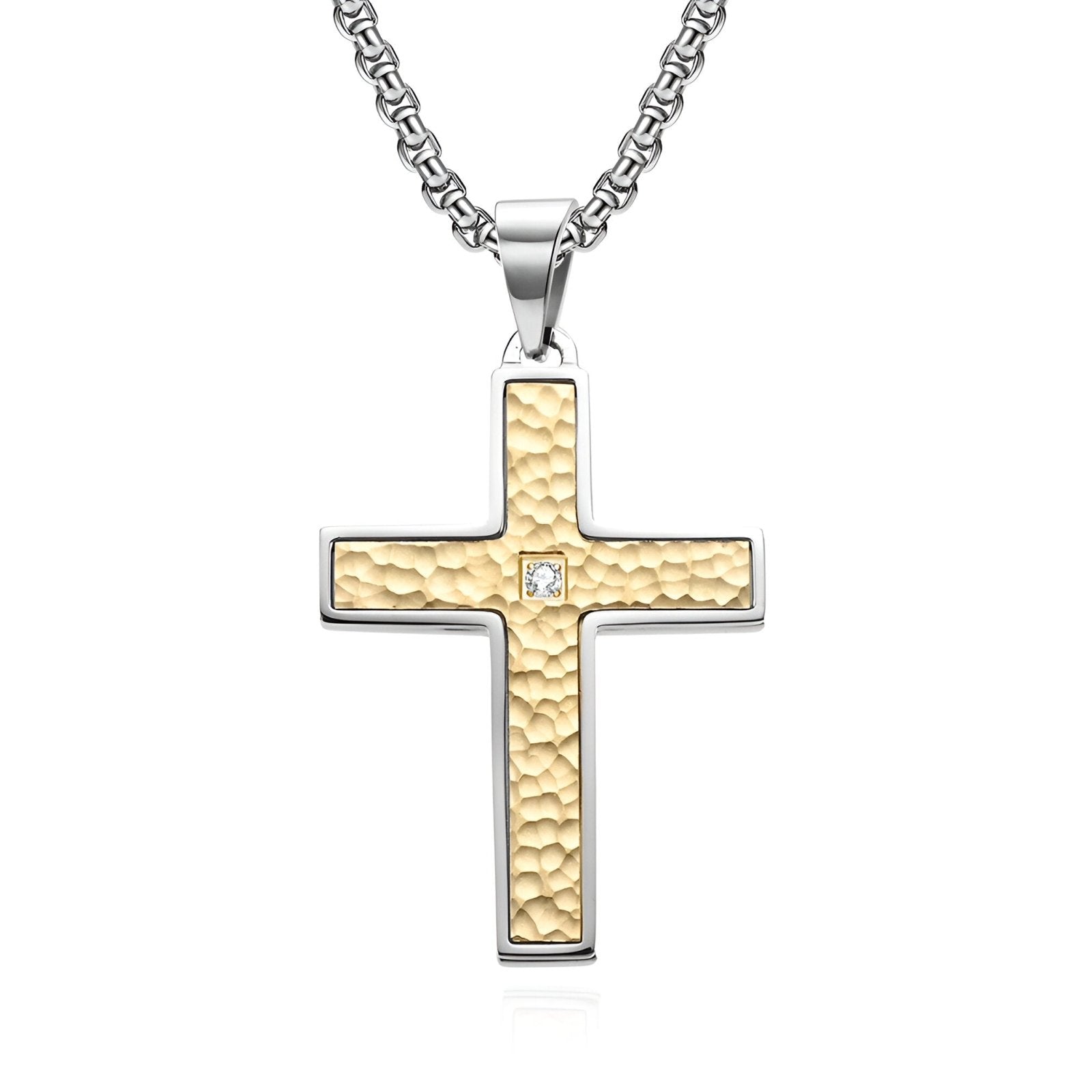 Collier pendentif croix texturée pour homme, acier inoxydable 316L, finition martelée et zircon, modèle Jules