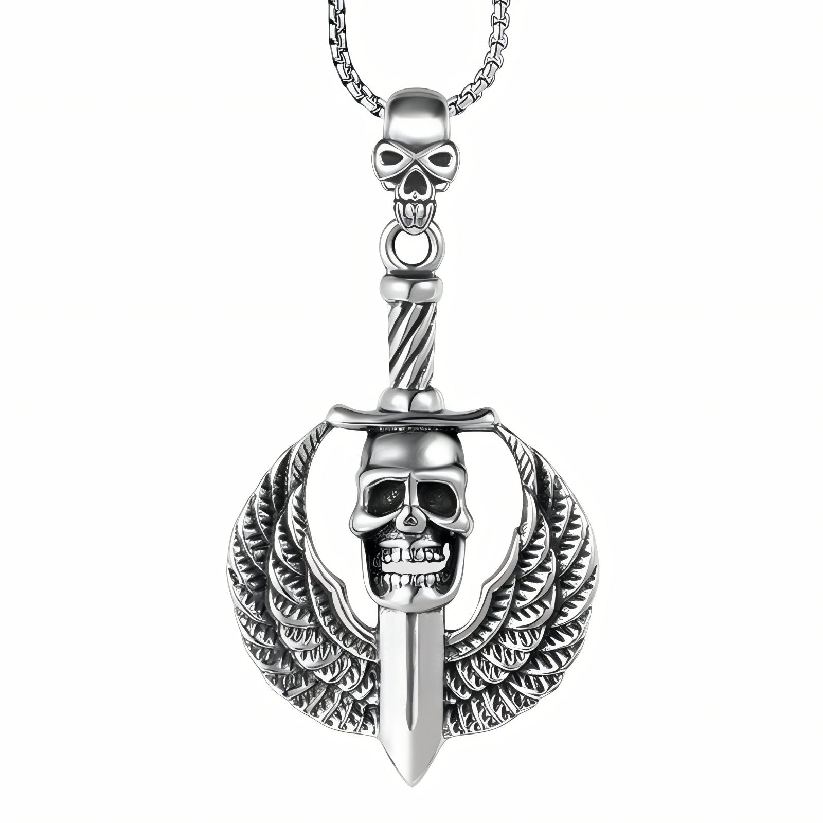 Collier pendentif dague avec ailes et tête de mort pour homme, en acier inoxydable, style gothique