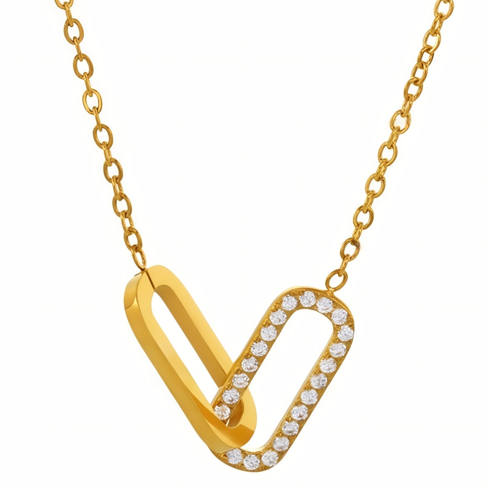 Collier pendentif double maillon pour femme, avec zircon, en acier inoxydable