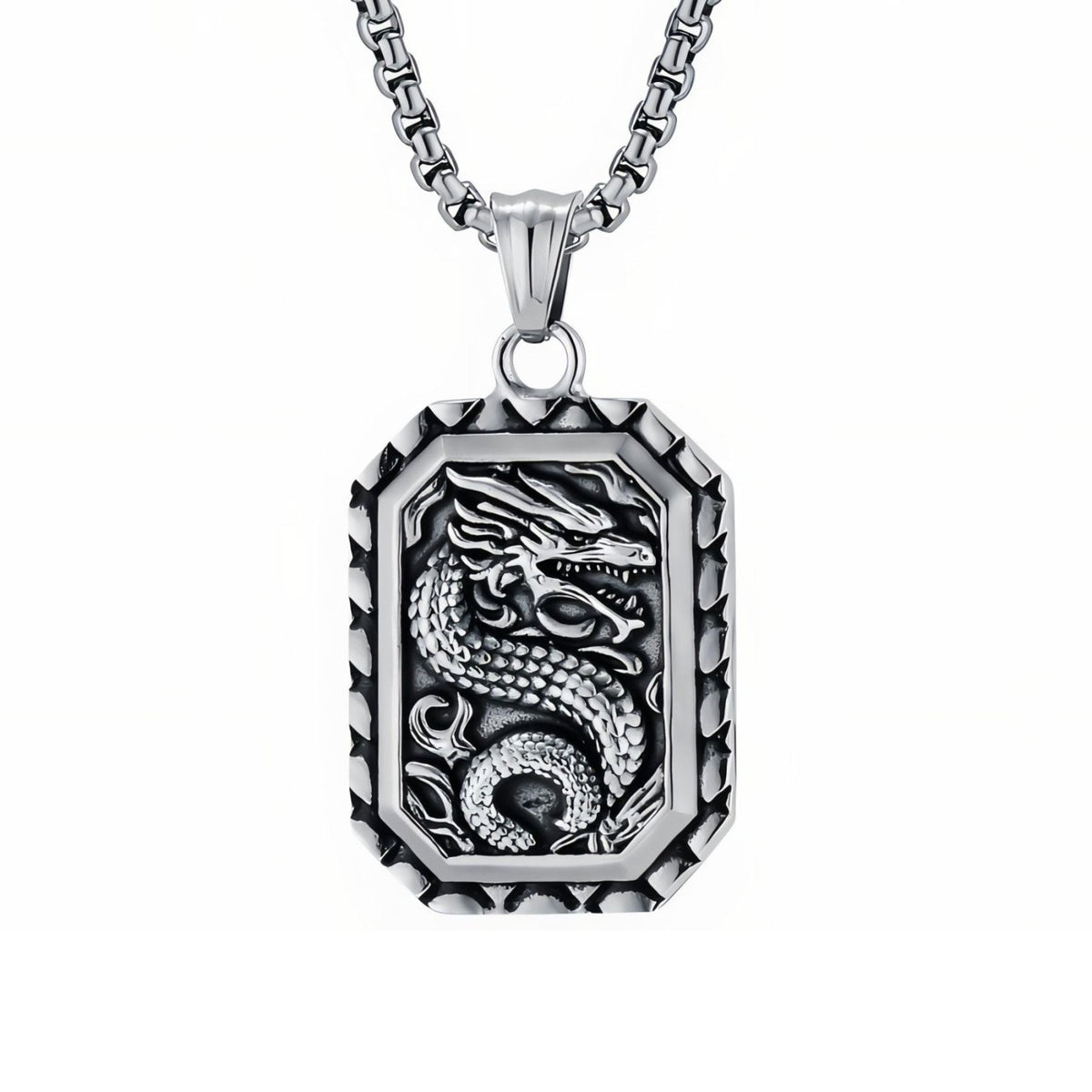 Collier pendentif dragon chinois pour homme, en acier inoxydable, médaillon rectangulaire avec dragon oriental sculpté en relief