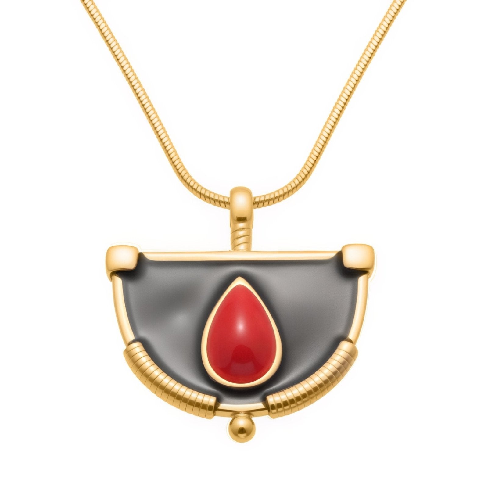 Collier pendentif éventail avec pierre rouge, design géométrique et chaîne serpent, en acier inoxydable