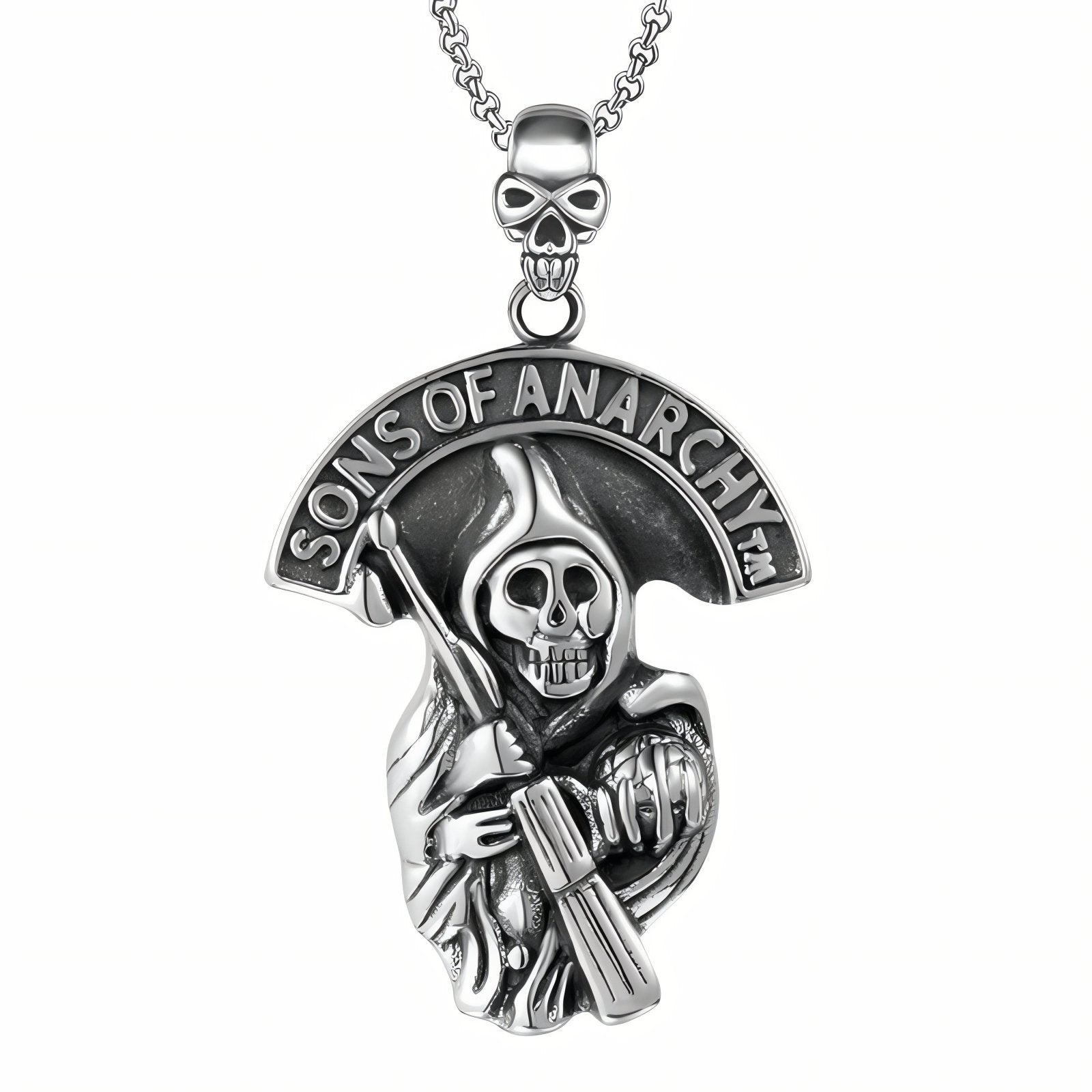 Collier pendentif faucheuse tête de mort pour homme, gravé Sons of Anarchy, en acier inoxydable
