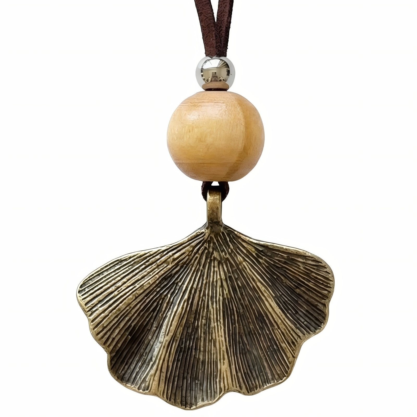Collier pendentif feuille de ginkgo, avec perles en bois, en alliage métallique et cordon ajustable