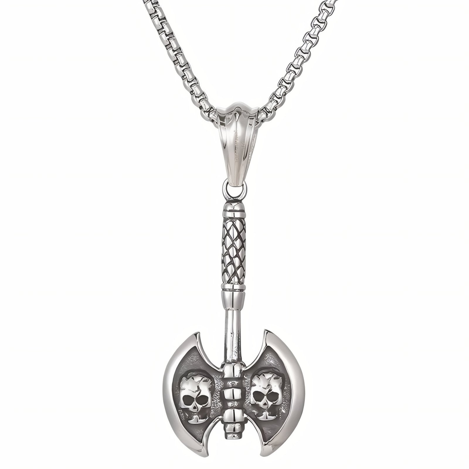Collier pendentif hache double crânes pour homme, en acier inoxydable, style gothique