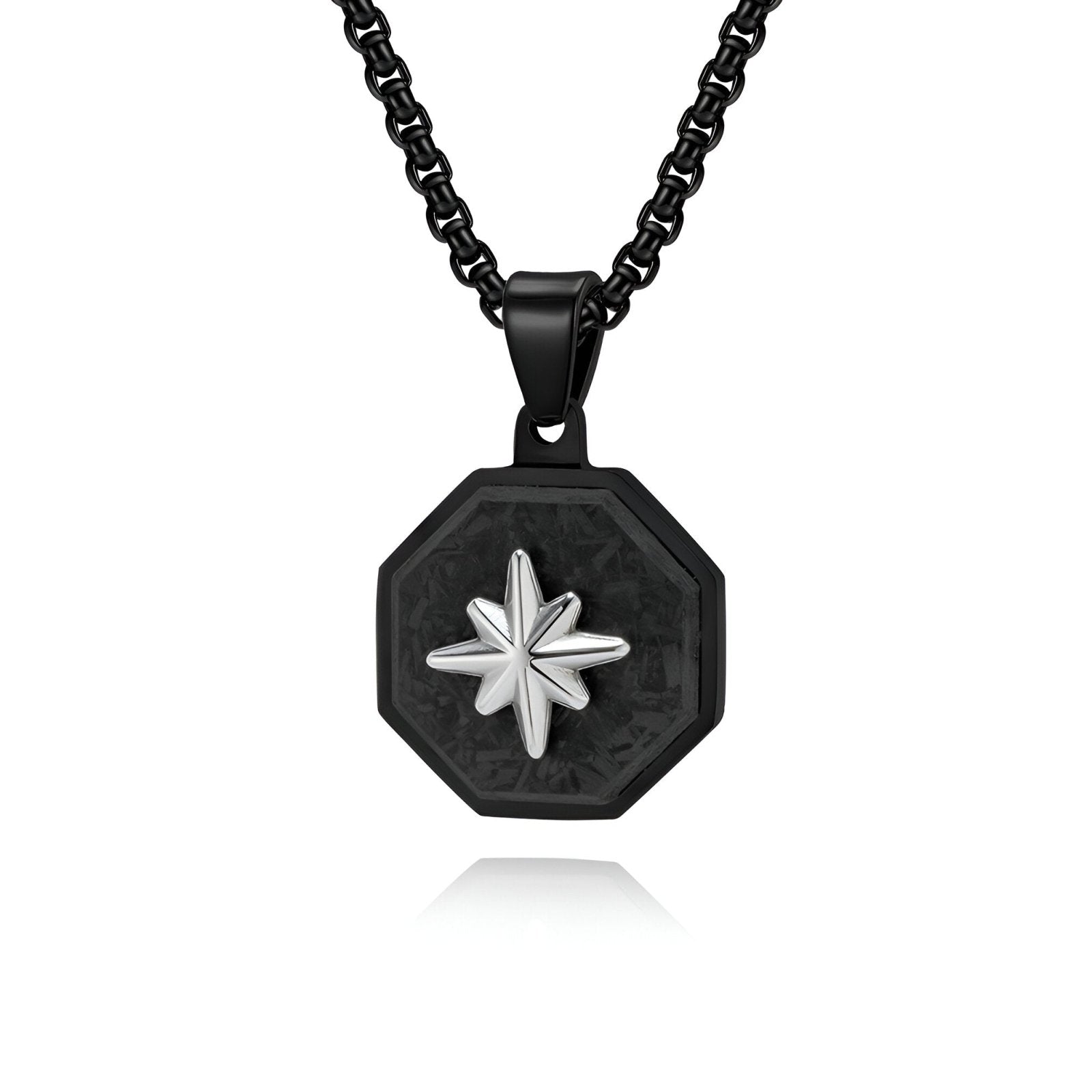 Collier pendentif homme, motif étoile du nord, insert en carbone forgé, acier inoxydable, modèle Astral