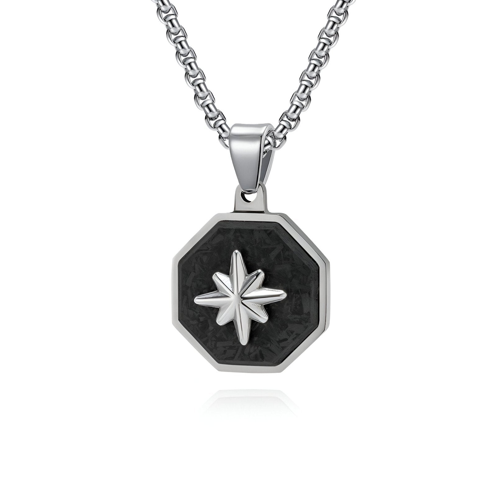 Collier pendentif homme, motif étoile du nord, insert en carbone forgé, acier inoxydable, modèle Astral