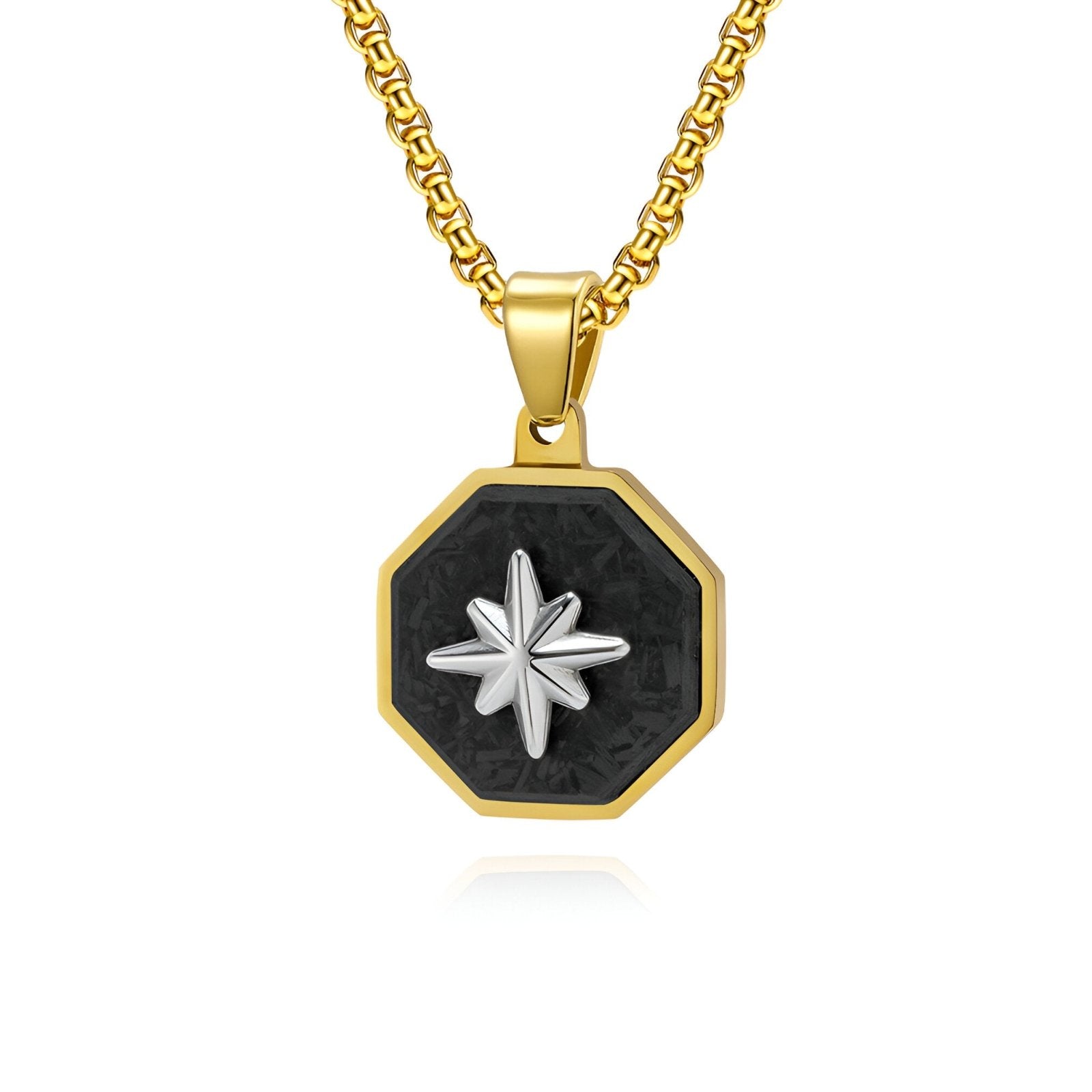 Collier pendentif homme, motif étoile du nord, insert en carbone forgé, acier inoxydable, modèle Astral