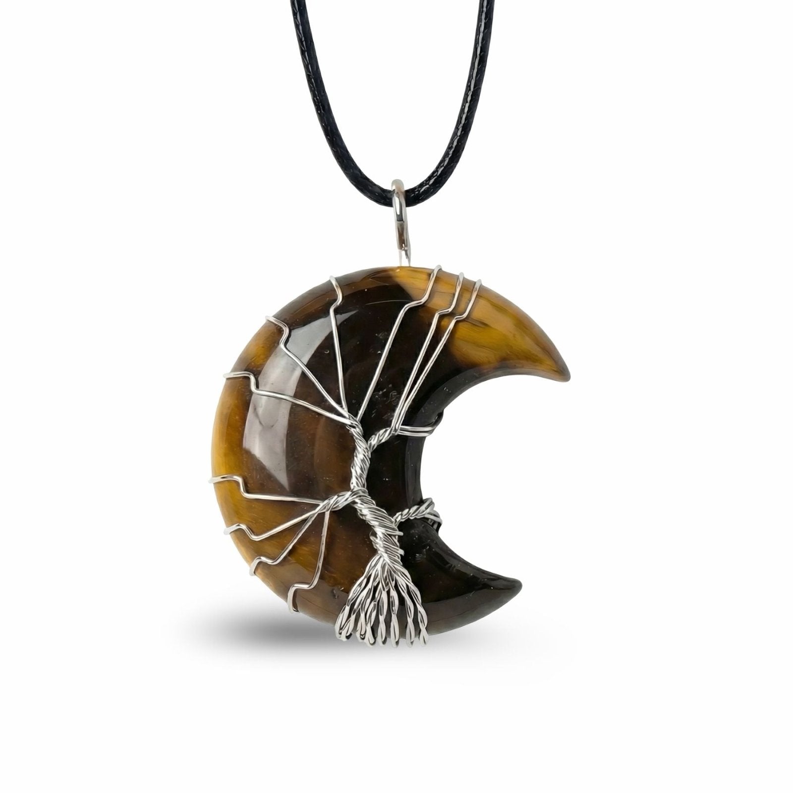 Collier pendentif lune en pierre naturelle, orné d'un arbre de vie, avec cordon noir