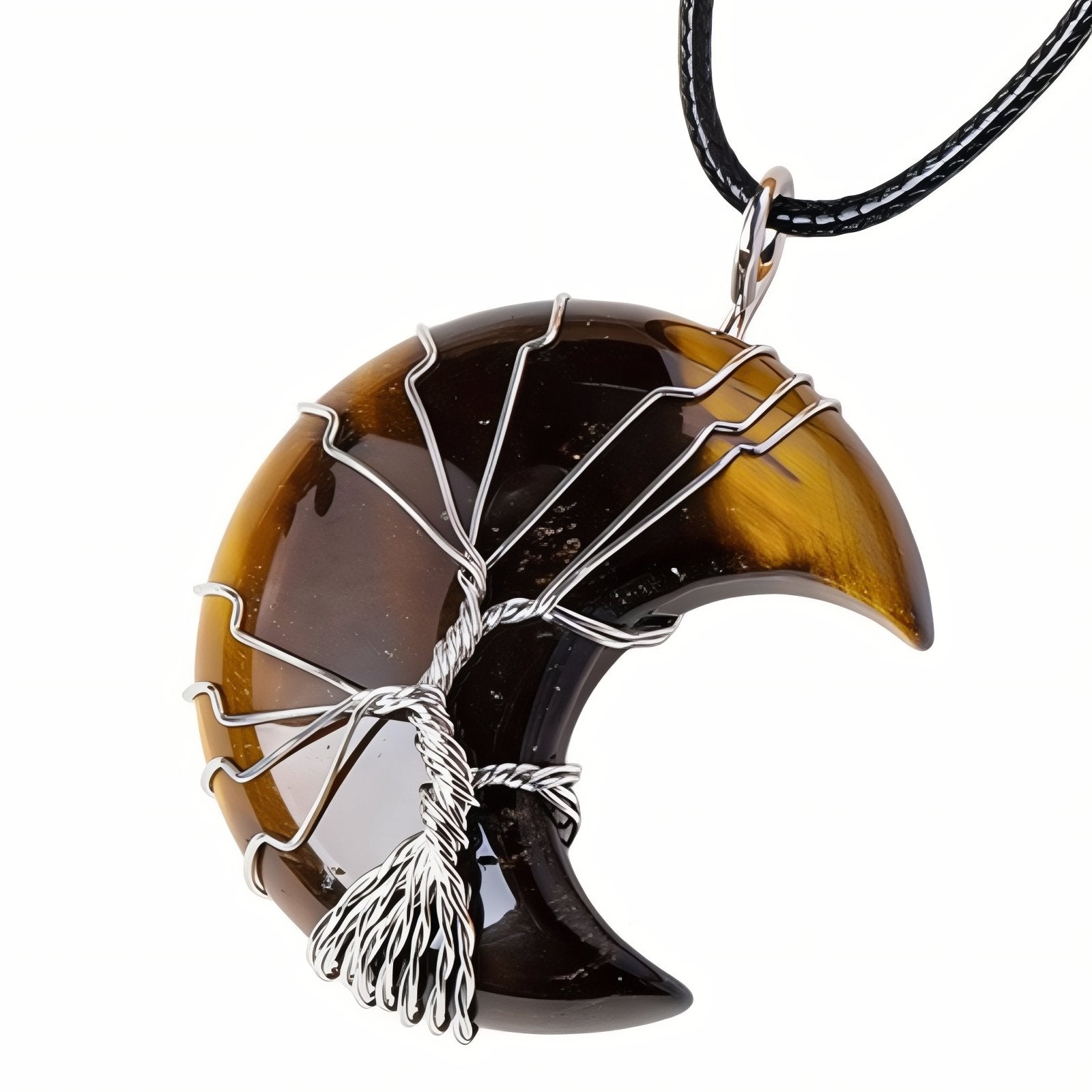Collier pendentif lune en pierre naturelle, orné d'un arbre de vie, avec cordon noir