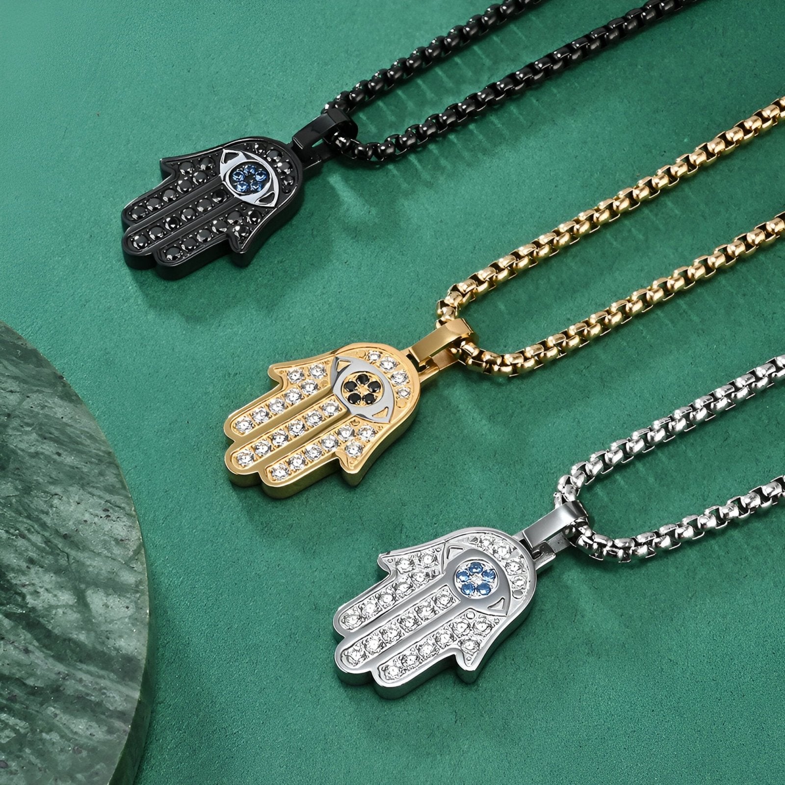 Collier pendentif main de Fatma en acier inoxydable, serti de zircons, modèle Nael