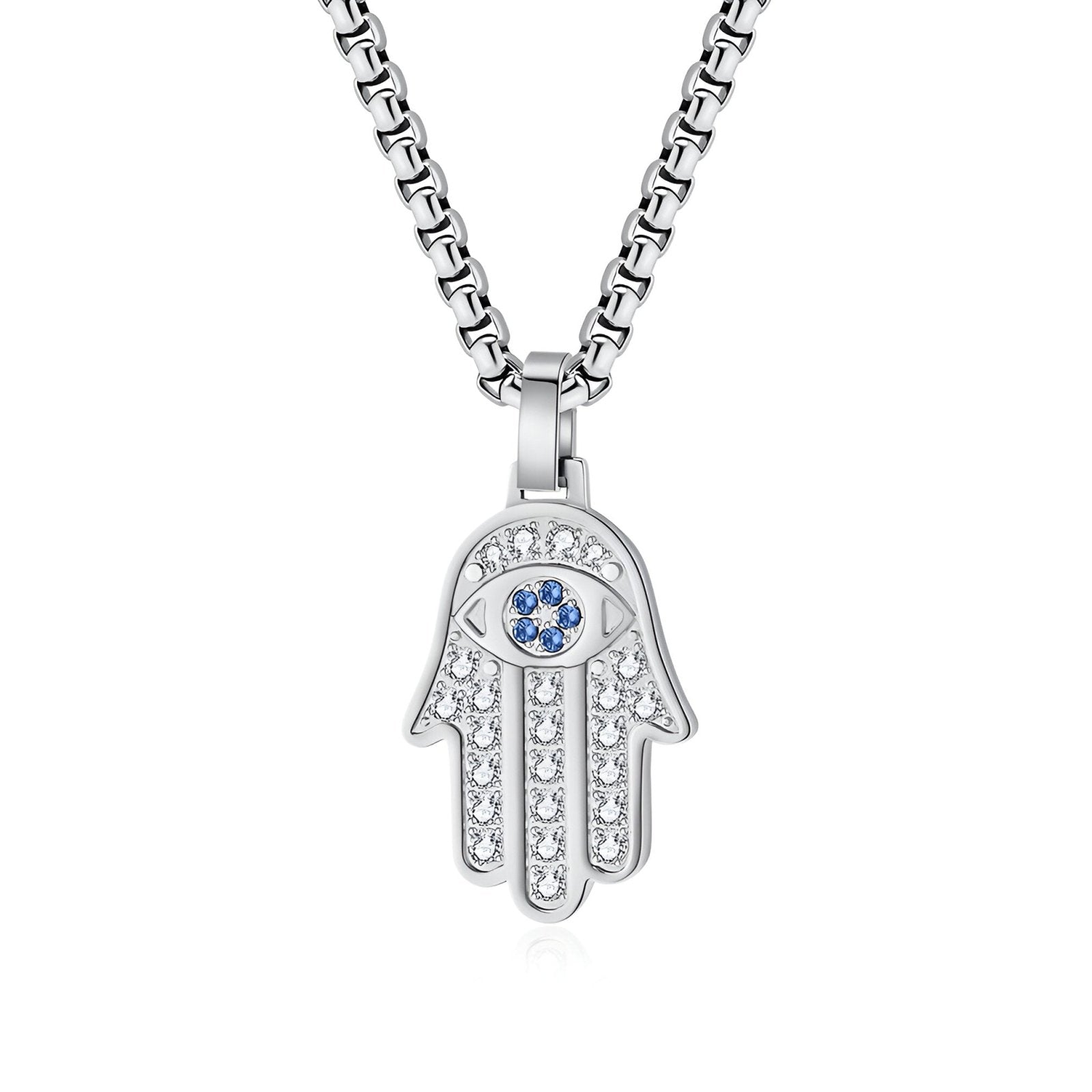 Collier pendentif main de Fatma en acier inoxydable, serti de zircons, modèle Nael