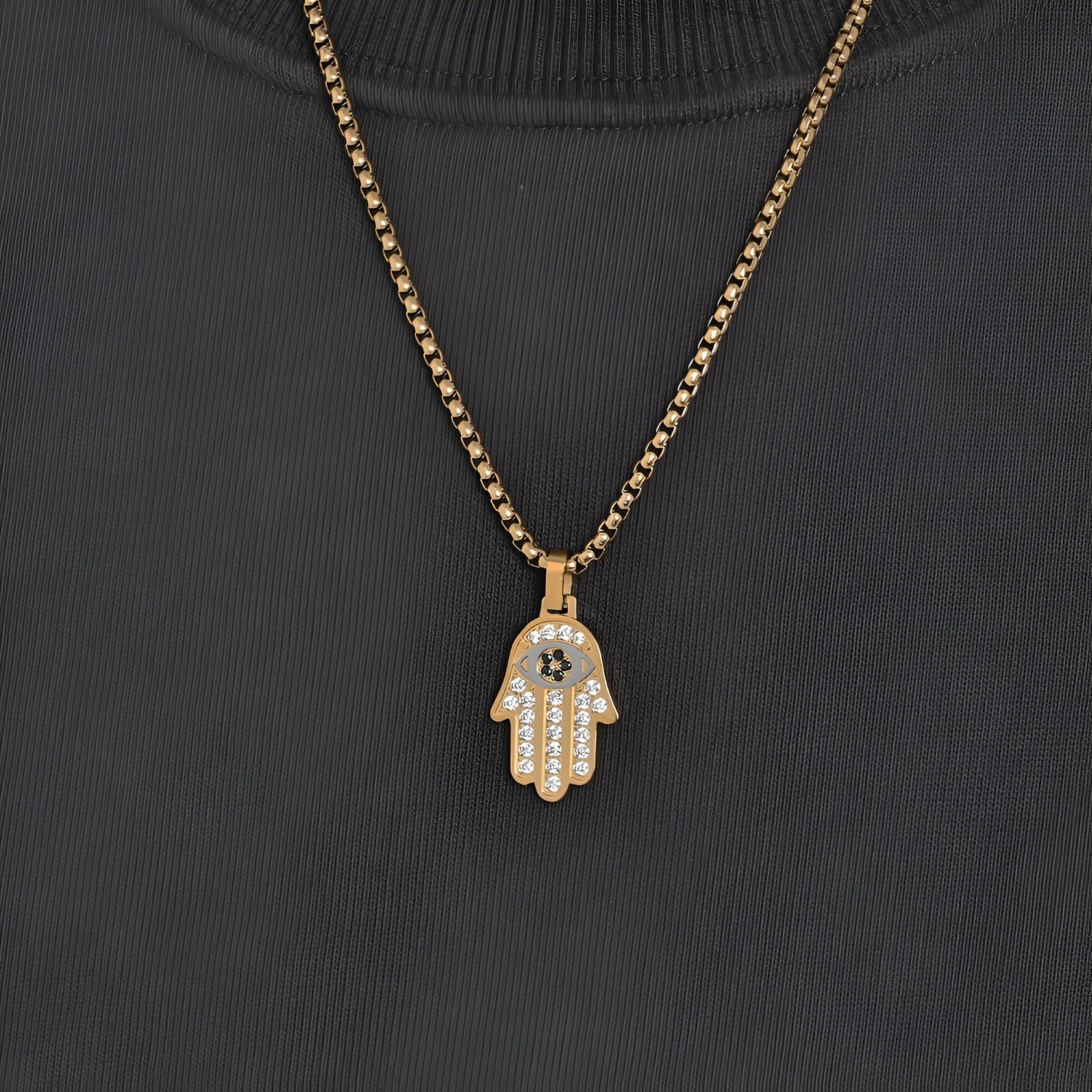 Collier pendentif main de Fatma en acier inoxydable, serti de zircons, modèle Nael