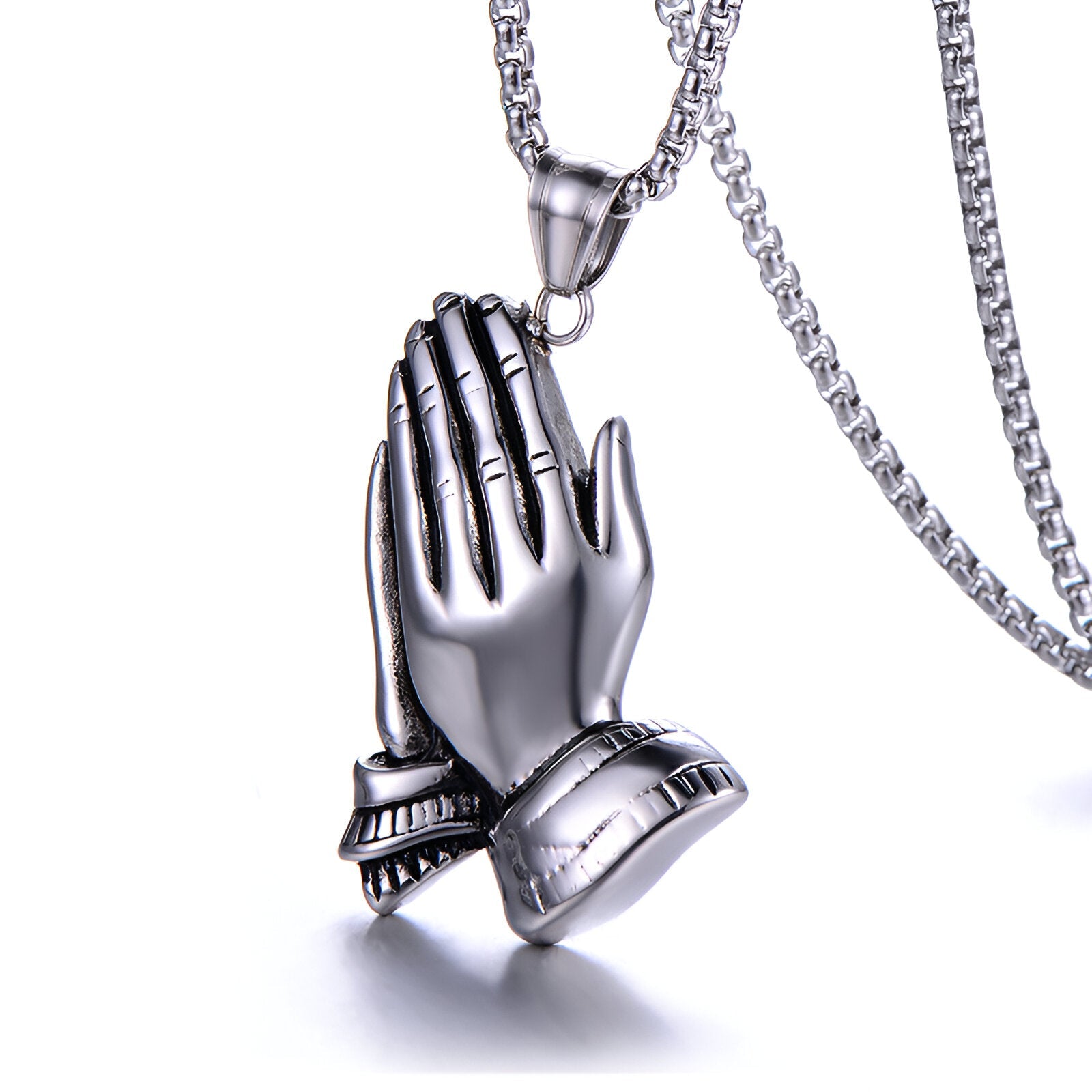 Collier pendentif mains en prière, en acier inoxydable, style religieux, pour homme, modèle Benedetto