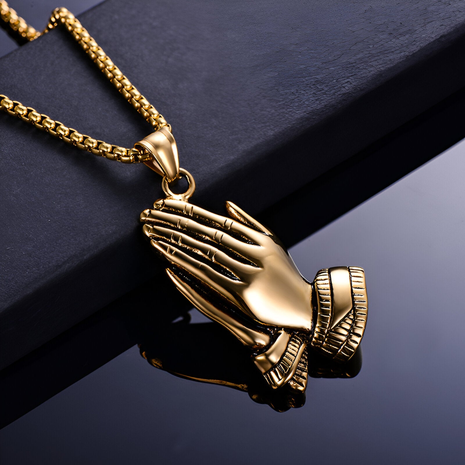 Collier pendentif mains en prière, en acier inoxydable, style religieux, pour homme, modèle Benedetto