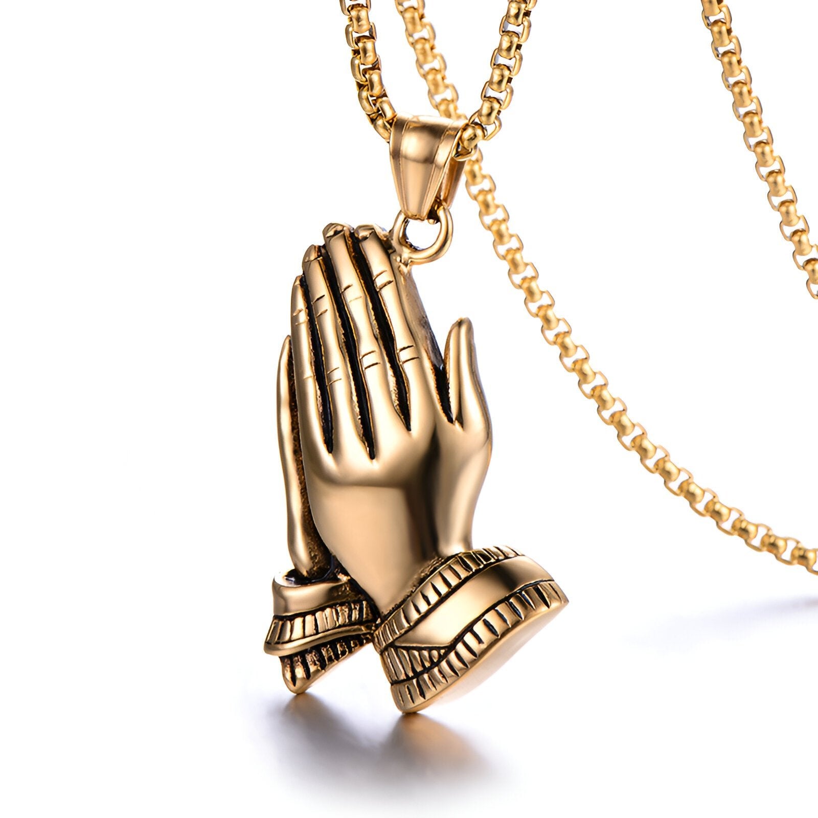 Collier pendentif mains en prière, en acier inoxydable, style religieux, pour homme, modèle Benedetto