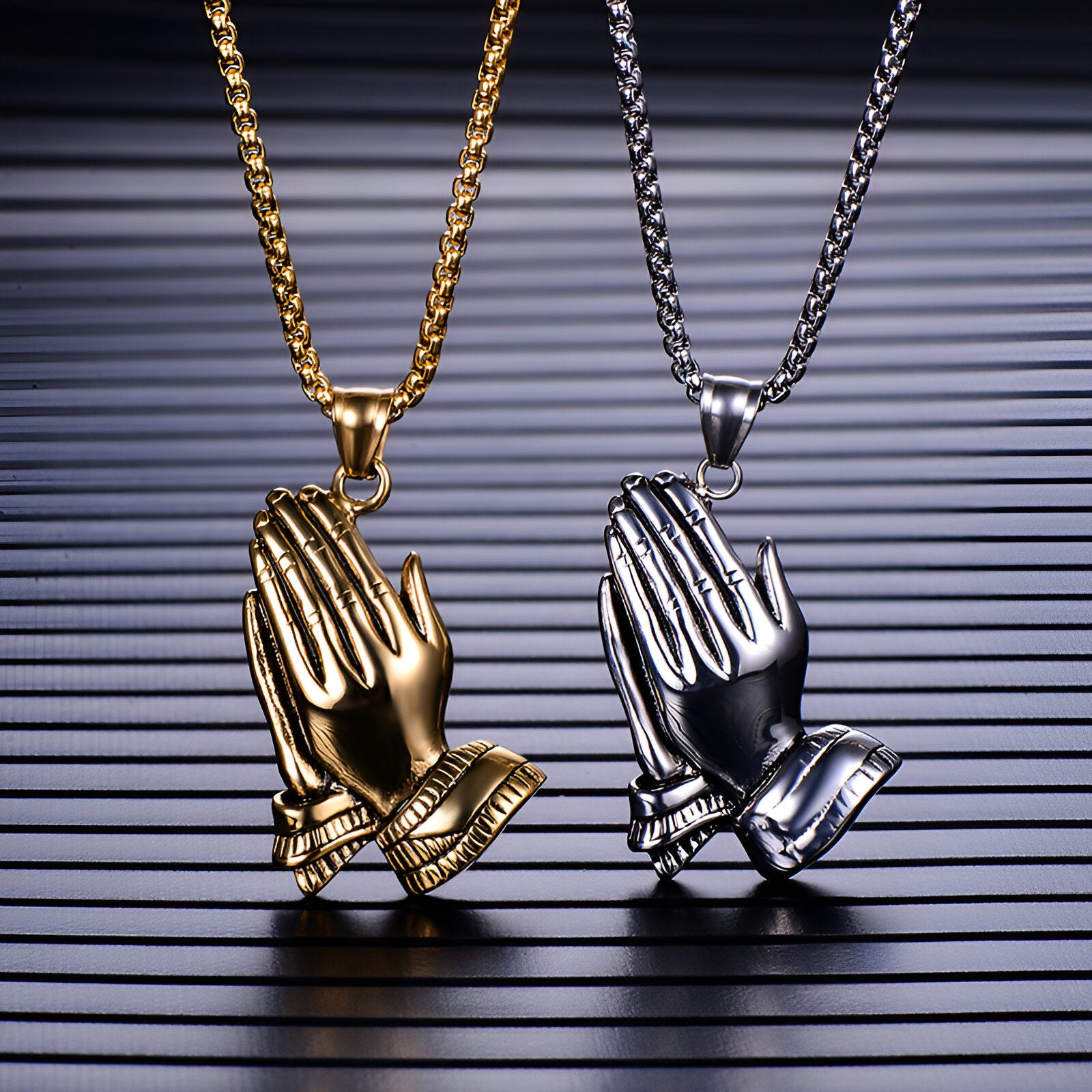Collier pendentif mains en prière, en acier inoxydable, style religieux, pour homme, modèle Benedetto