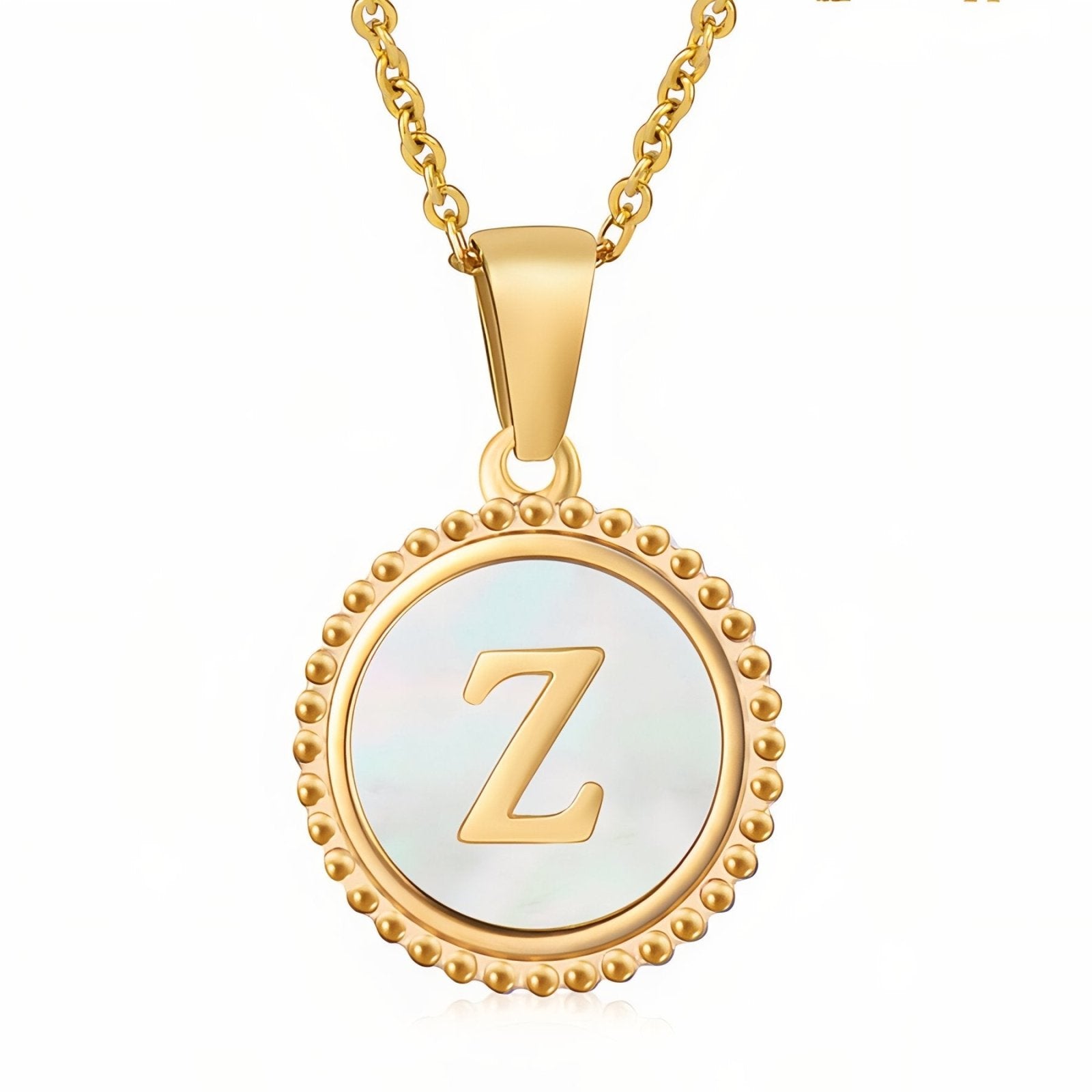 Collier pendentif médaille lettre initiale, en acier inoxydable plaqué or 18K et nacre blanche