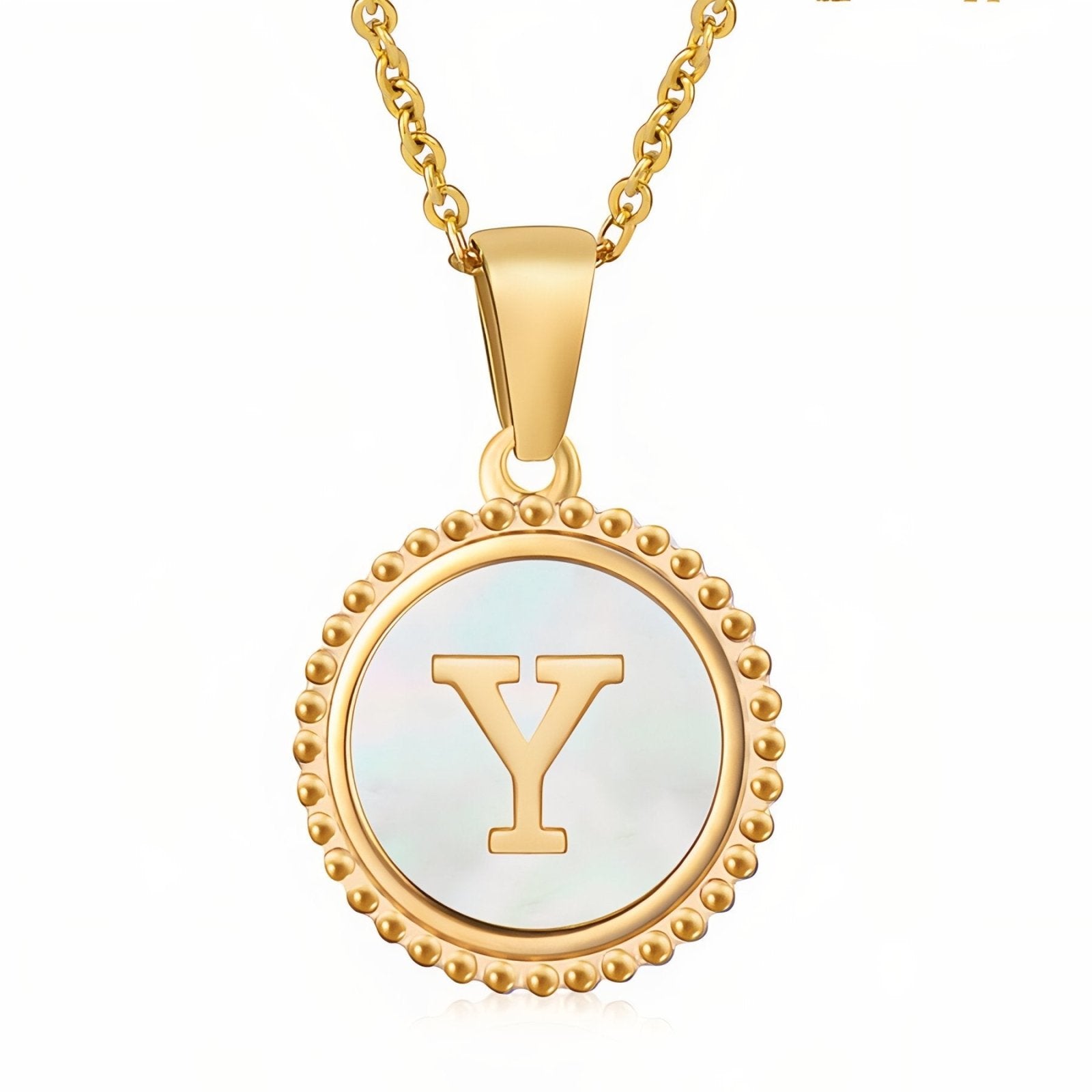 Collier pendentif médaille lettre initiale, en acier inoxydable plaqué or 18K et nacre blanche