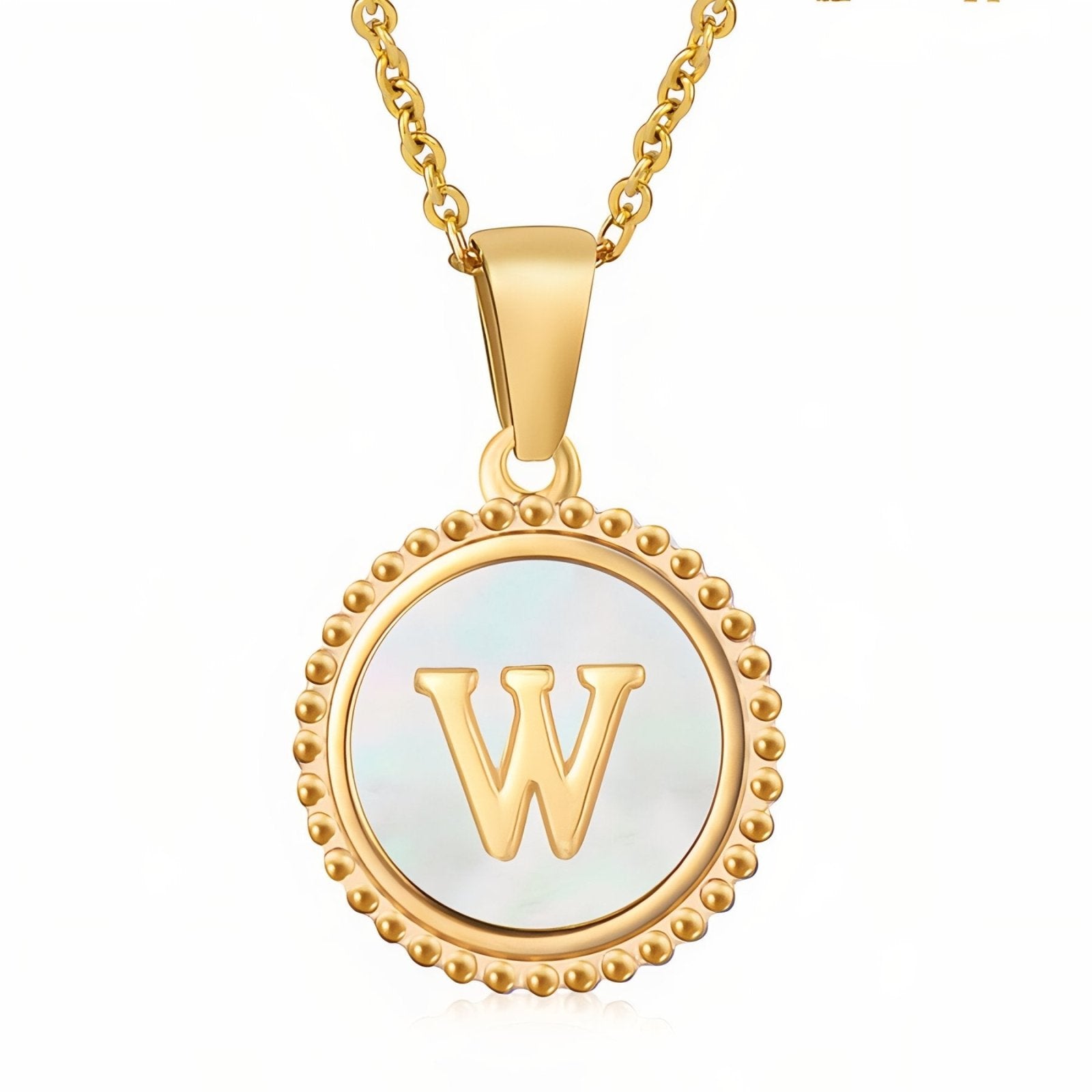 Collier pendentif médaille lettre initiale, en acier inoxydable plaqué or 18K et nacre blanche