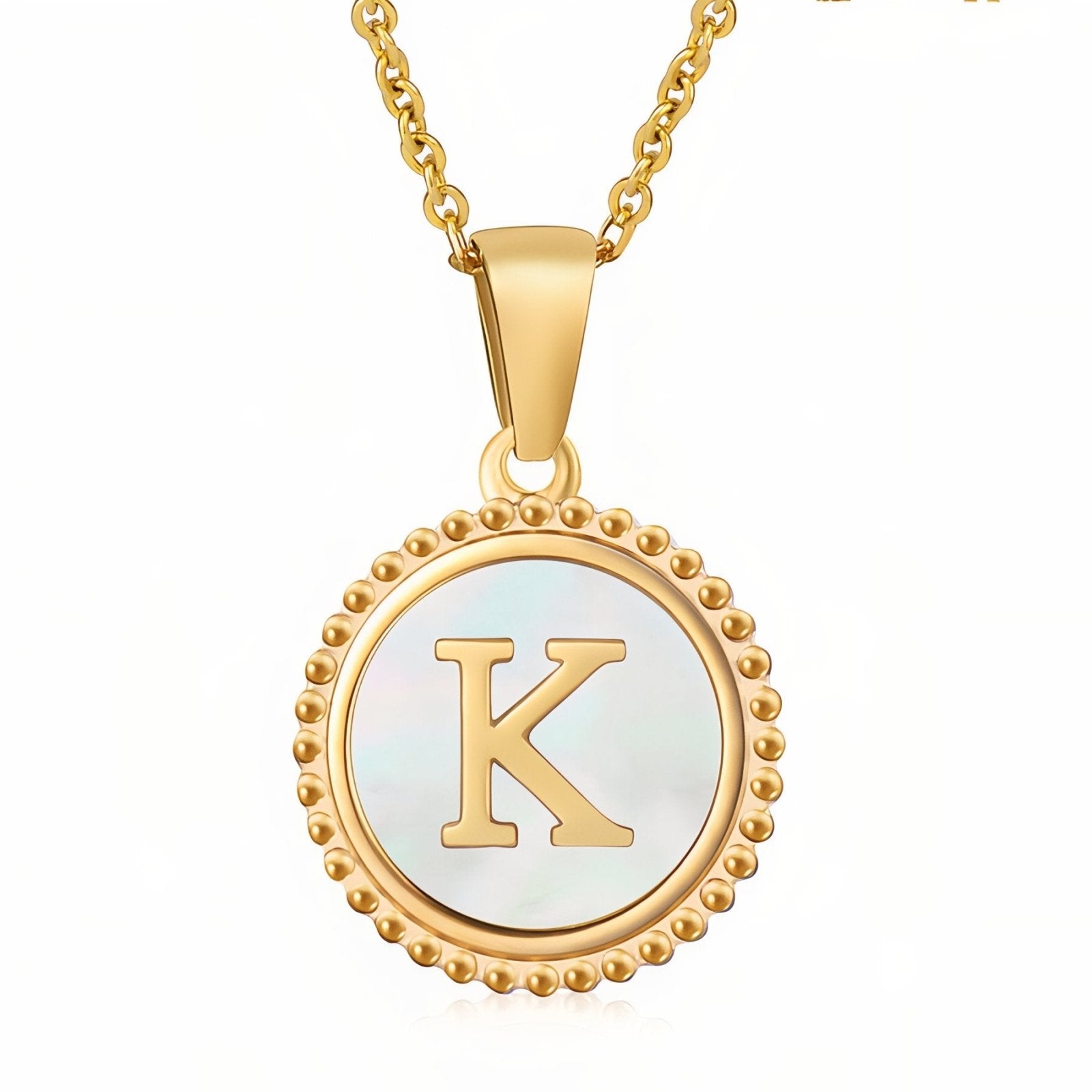 Collier pendentif médaille lettre initiale, en acier inoxydable plaqué or 18K et nacre blanche