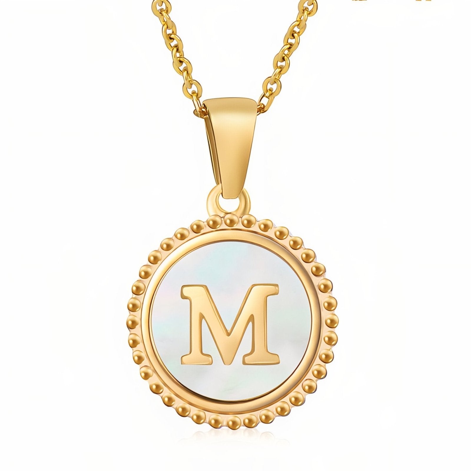 Collier pendentif médaille lettre initiale, en acier inoxydable plaqué or 18K et nacre blanche