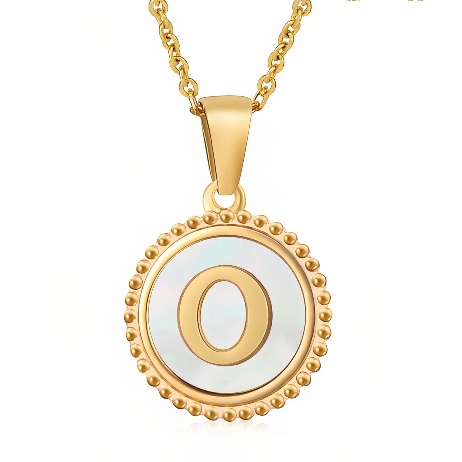 Collier pendentif médaille lettre initiale, en acier inoxydable plaqué or 18K et nacre blanche
