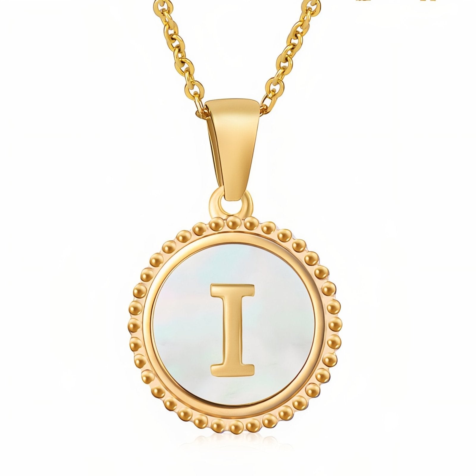 Collier pendentif médaille lettre initiale, en acier inoxydable plaqué or 18K et nacre blanche