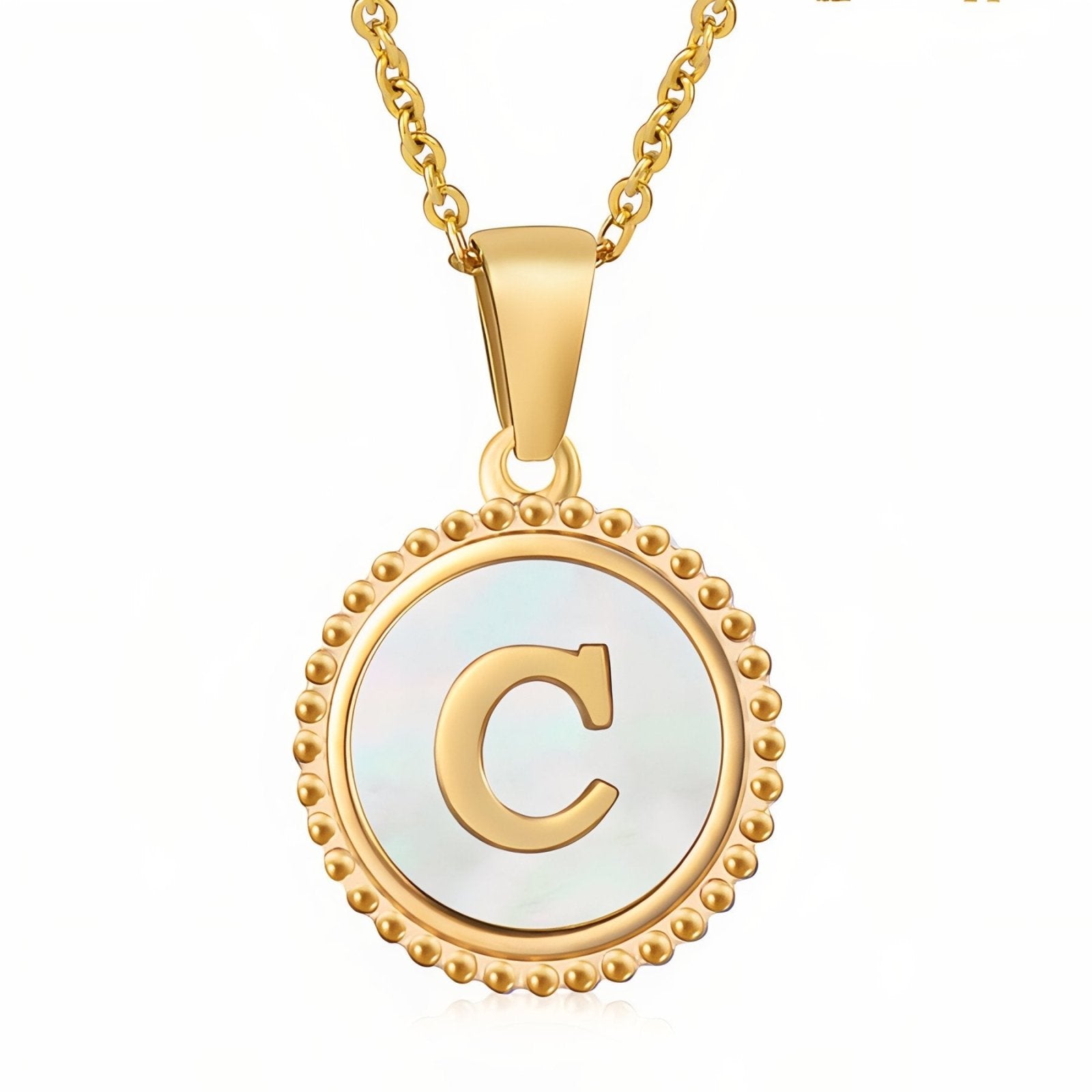 Collier pendentif médaille lettre initiale, en acier inoxydable plaqué or 18K et nacre blanche