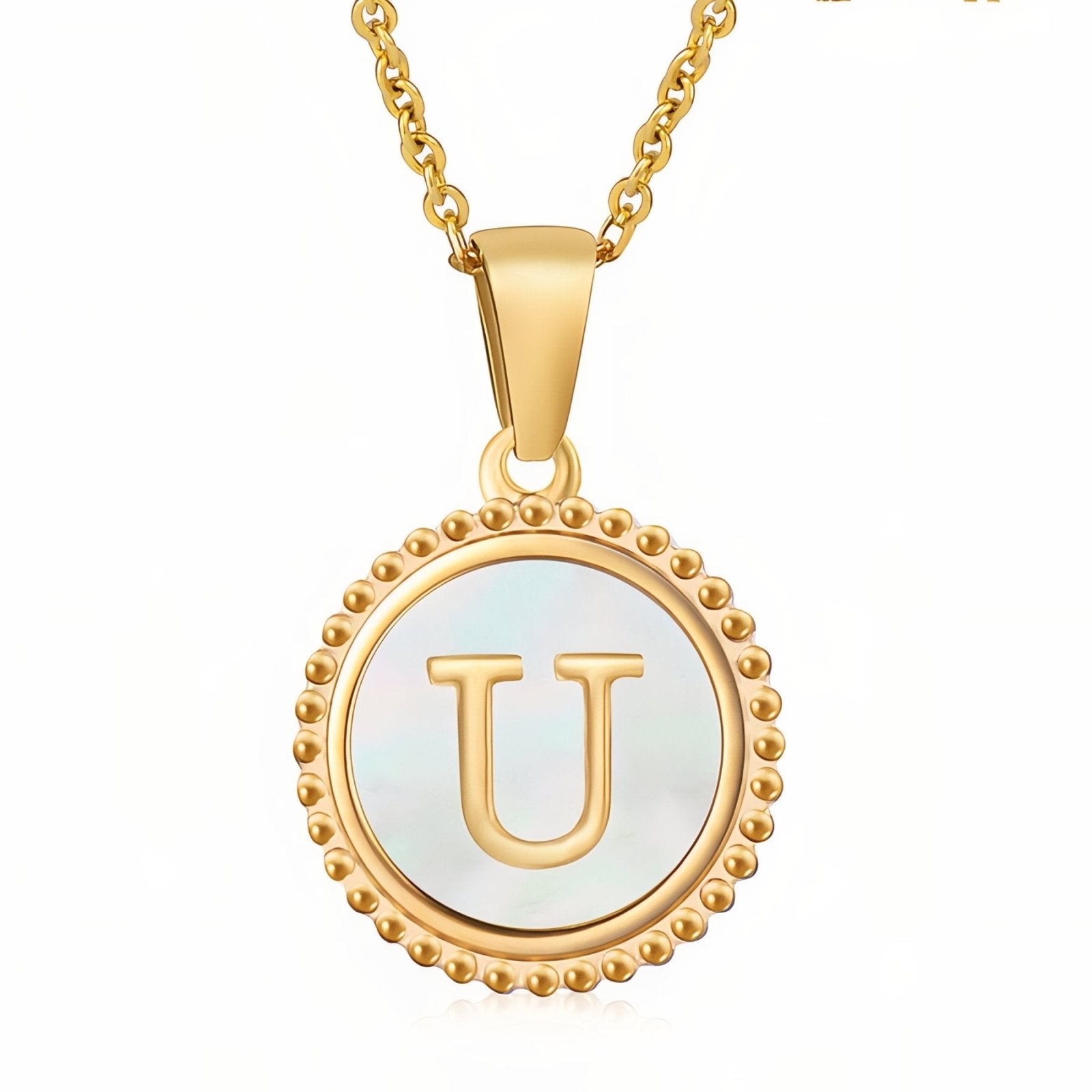 Collier pendentif médaille lettre initiale, en acier inoxydable plaqué or 18K et nacre blanche