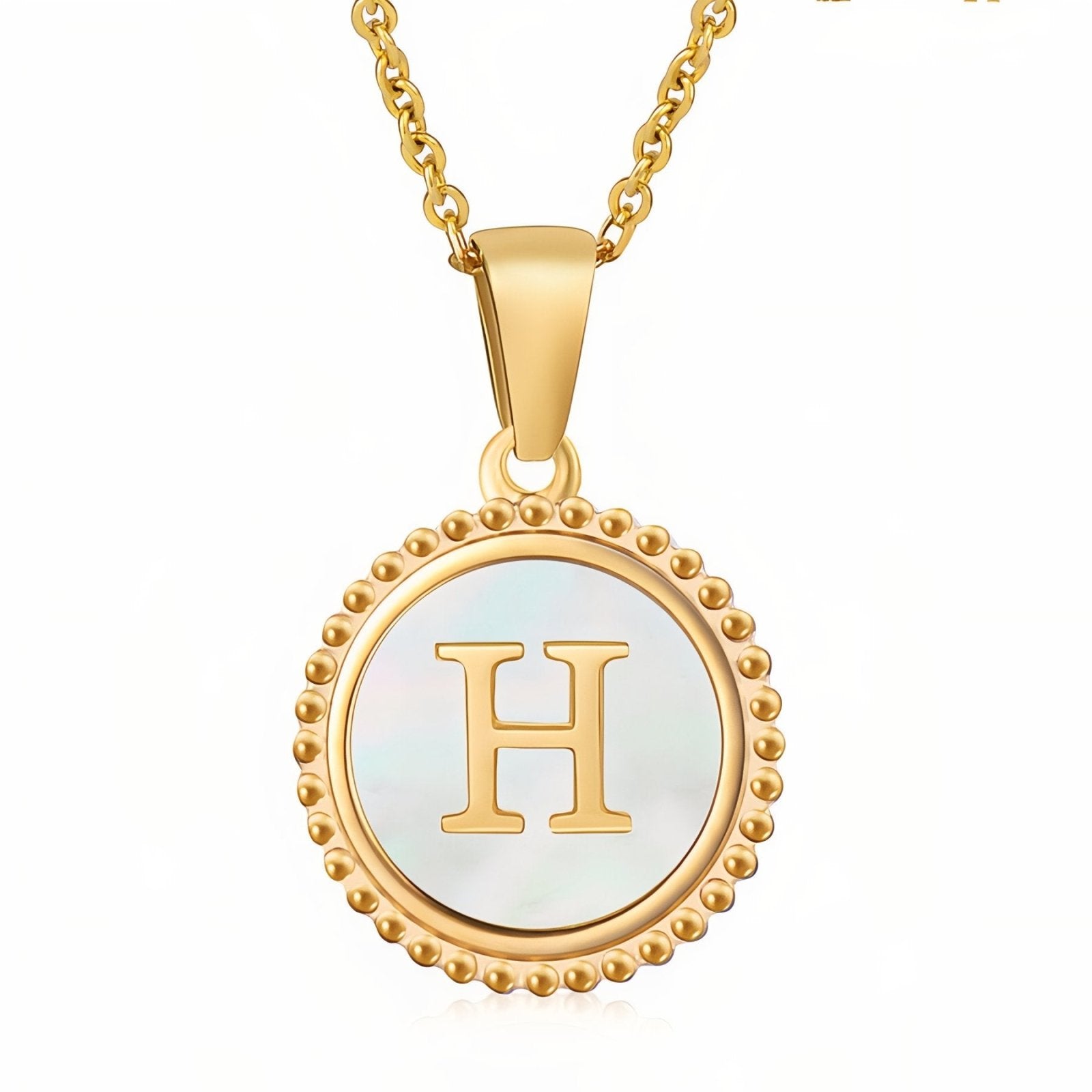 Collier pendentif médaille lettre initiale, en acier inoxydable plaqué or 18K et nacre blanche