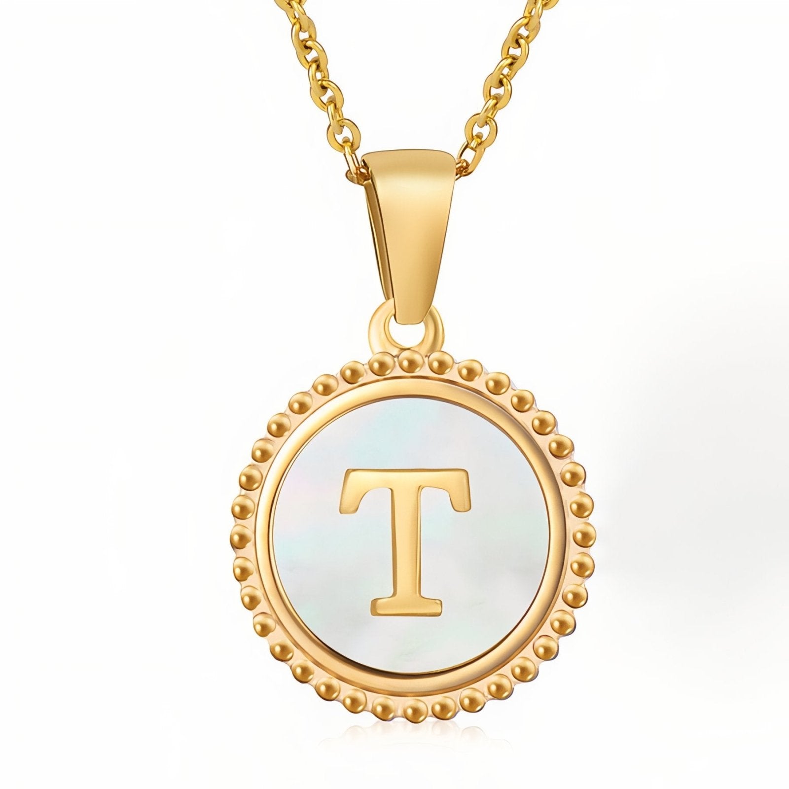 Collier pendentif médaille lettre initiale, en acier inoxydable plaqué or 18K et nacre blanche
