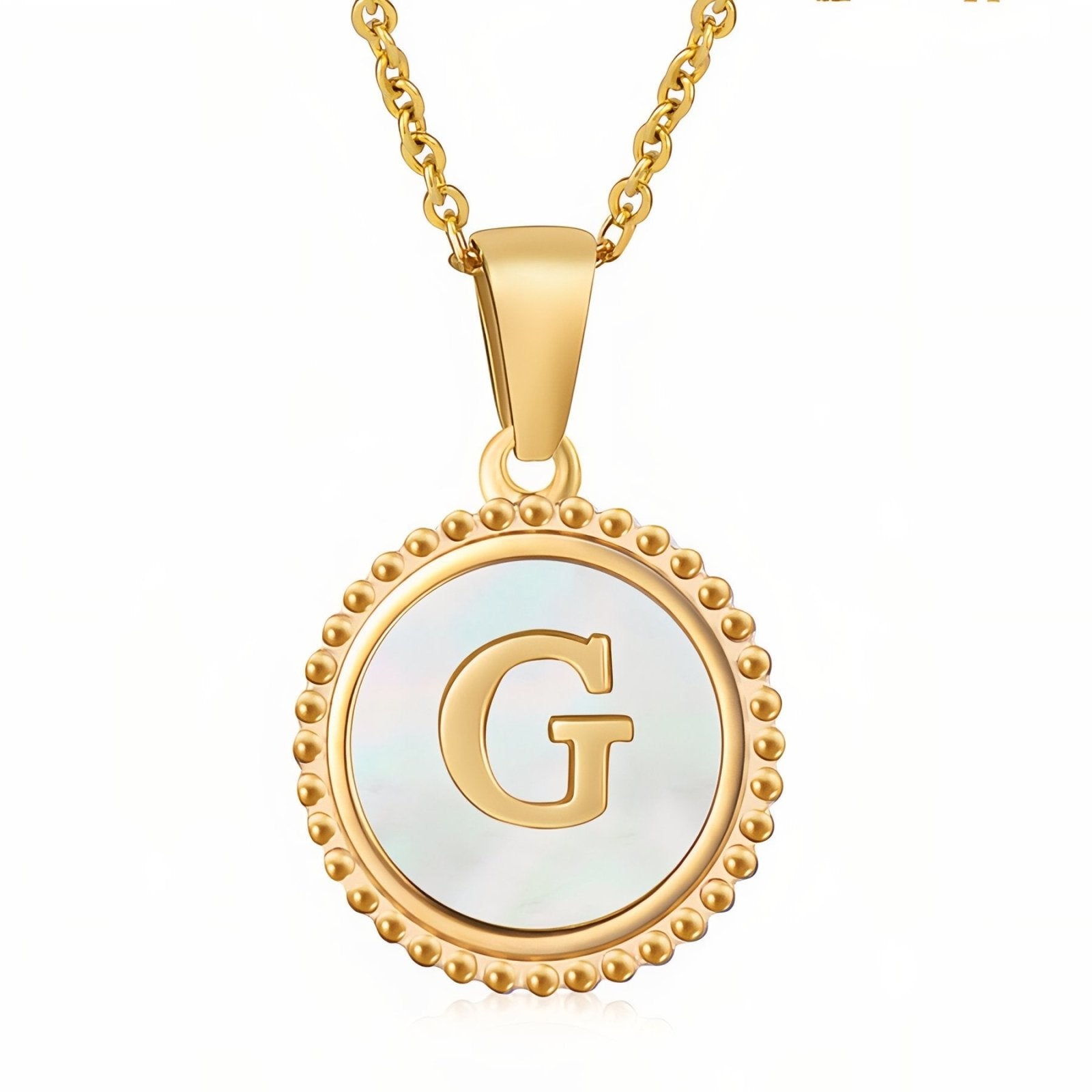 Collier pendentif médaille lettre initiale, en acier inoxydable plaqué or 18K et nacre blanche