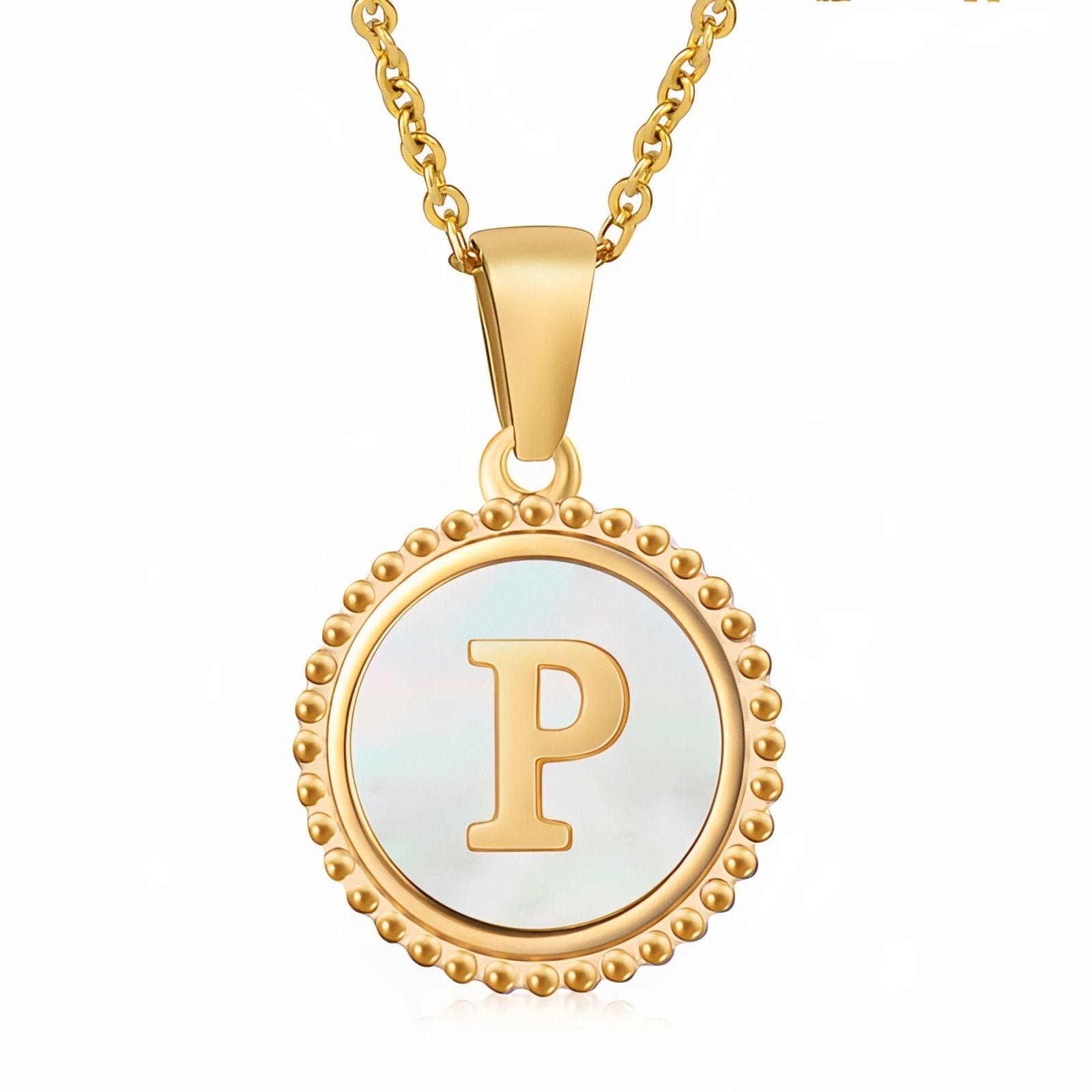 Collier pendentif médaille lettre initiale, en acier inoxydable plaqué or 18K et nacre blanche